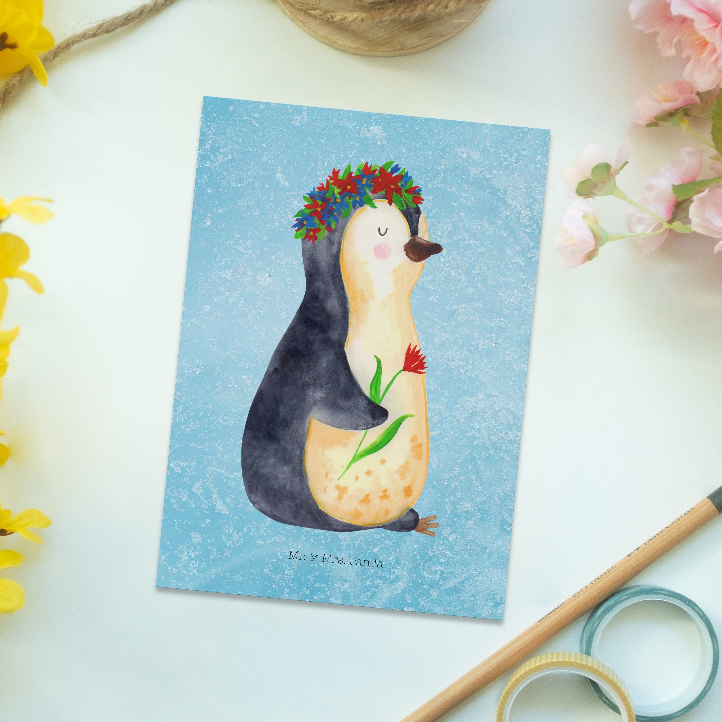 Mr. & Mrs. Panda Postkarte Pinguin - Geschenkkarte, - Eisblau Geschenk, Blumenkranz Gebur Karte