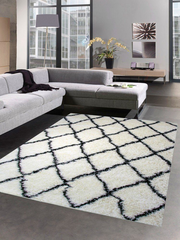 Carpetia Hochflor-Teppich Shaggy Teppich Wohnzimmerteppich Hochflor Rauten creme schwarz, rechteckig, Höhe: 40 mm