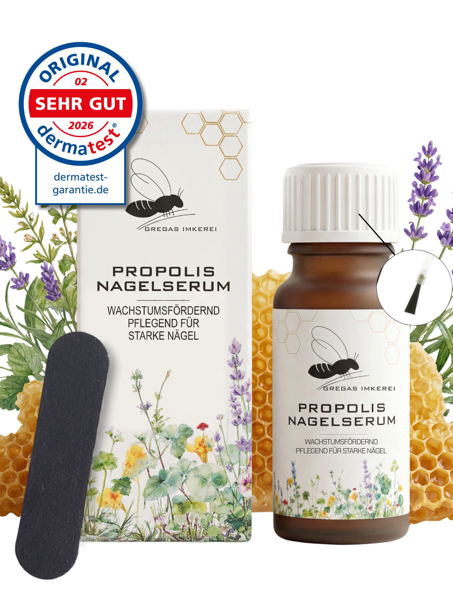 Grega´s Imkerei Nagelpflegeserum Propolis Nagelserum 10 ml mit Nagelfeile im dermatest „Sehr gut“ 2026, 1-tlg., mit integrierte Pinsel-Applikator, mit hochdosiertem Propolis Extrakt und ätherischen Ölen