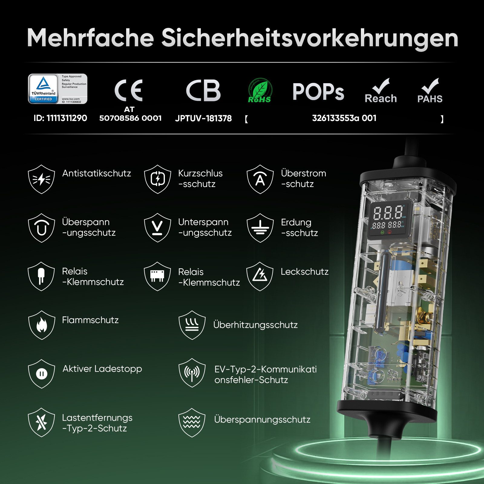 GONEO Elektroauto-Ladestation Typ 2 Ladekabel mit CEE Stecker, Mobile Wallbox, mobil 11kW / 16A, 3-phasig, Mit Fehlerstromschutz Temperaturüberwachung, Einstellbare Ladeleistung & Timer