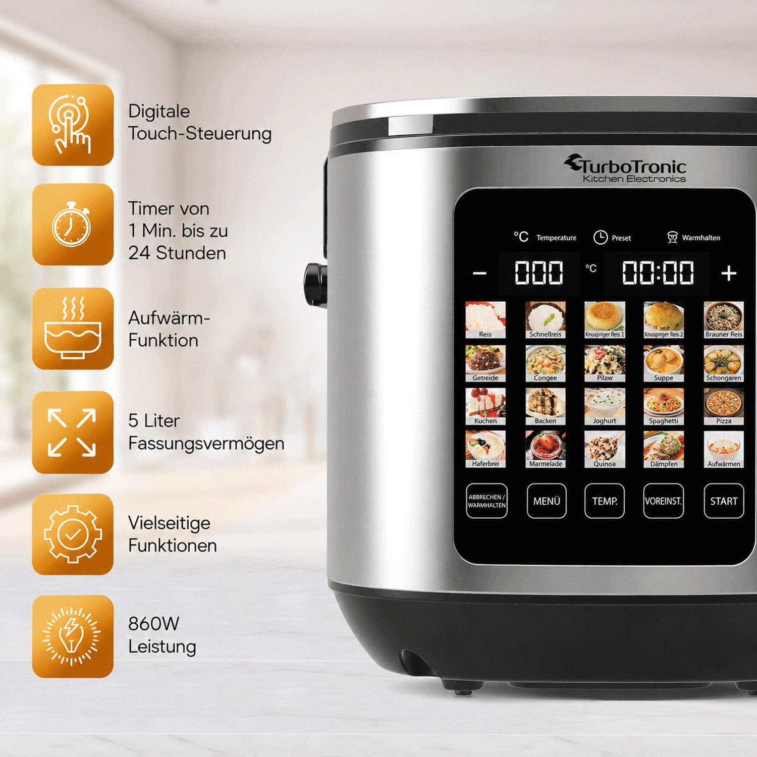 TurboTronic by Z-Line Multikocher elektrischer Dampf- und Schongarer Reiskocher Slow Cooker Silber, 860 W, 5 l Schüssel, 20in1 Schnellkochtopf perfekter Reis 5l – Bild 4 von 5