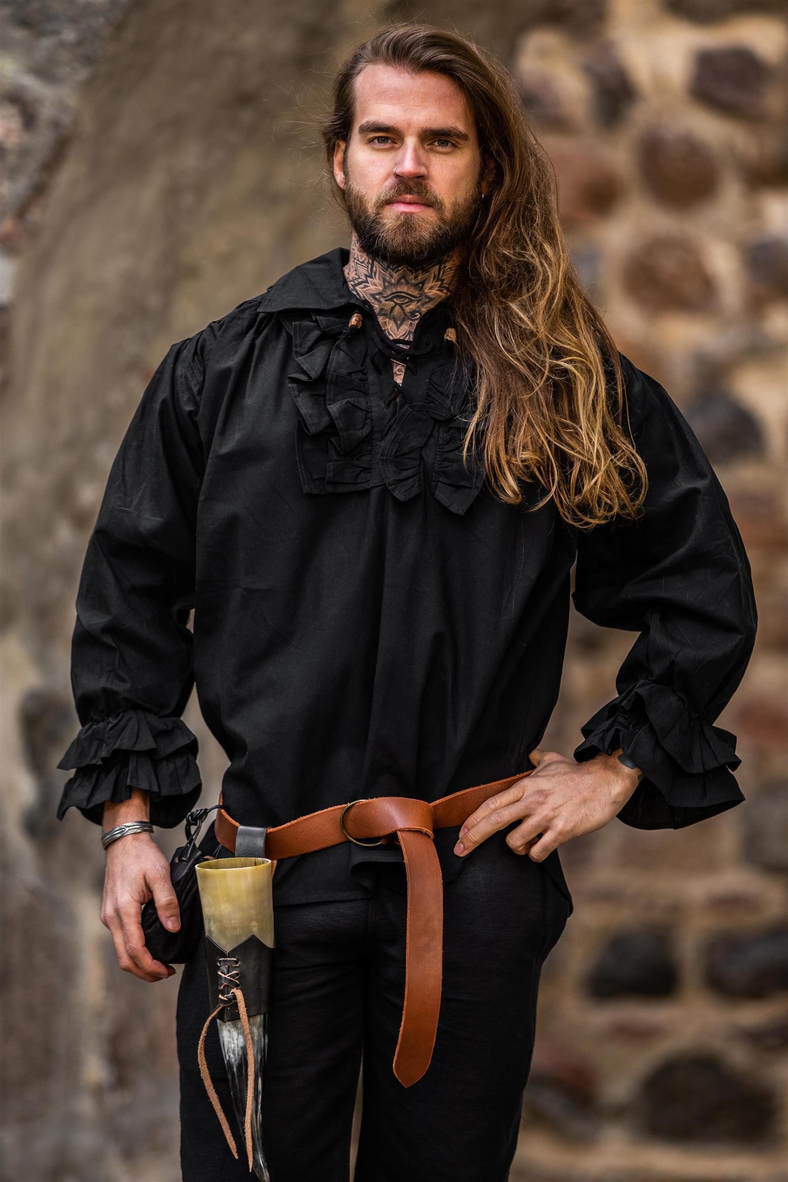 Leonardo Carbone Piraten-Kostüm Rüschenhemd "Dracula" mit Schnürkragen, Rüschenbündchen, Holzknopf-Details