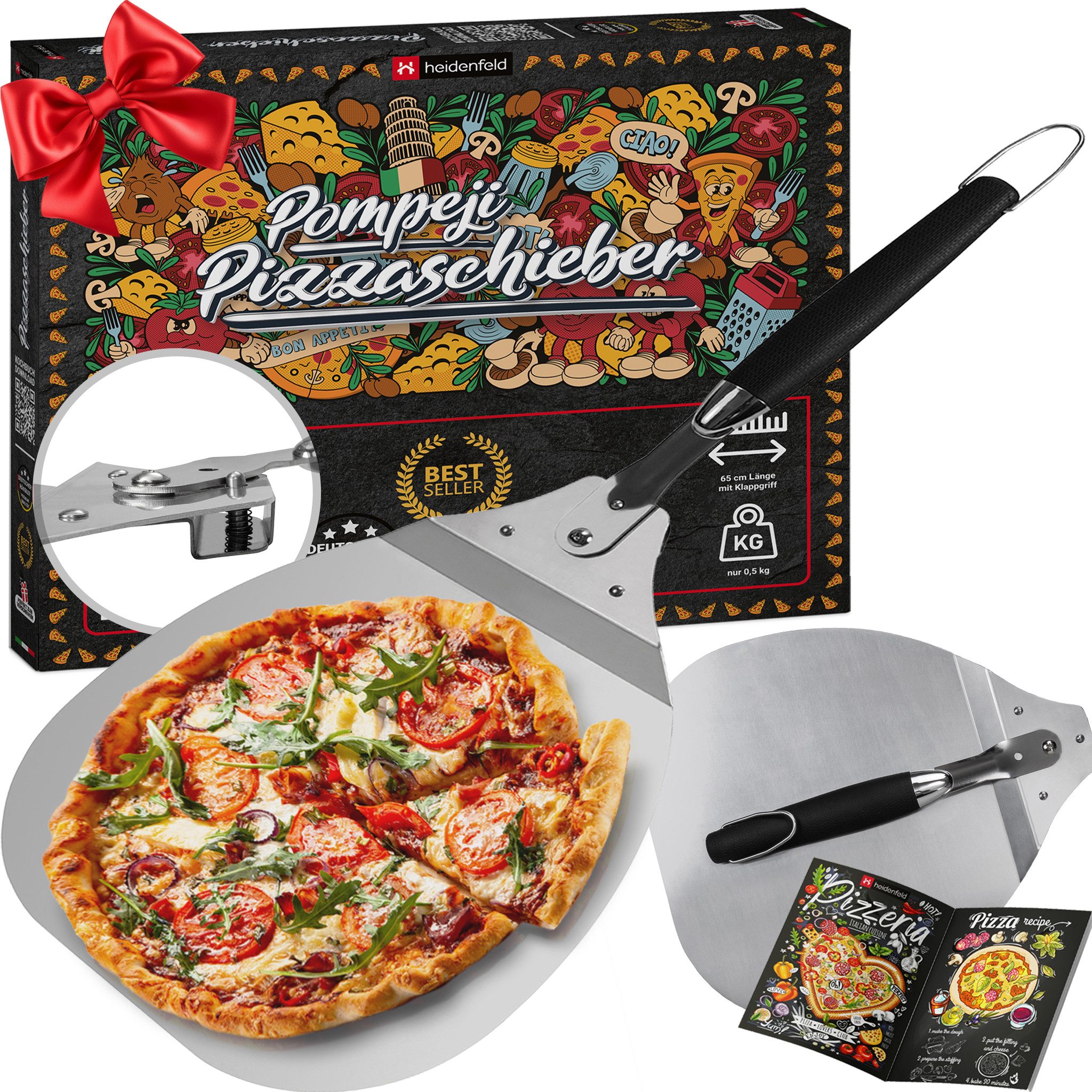 Heidenfeld Pizzaschieber Klappbarer Pizzaschieber Pompeji, TPR-Gummi-Griff, Alu Schieber für Pizzastein - Pizzaschaufel - 27.0 x 30.5cm