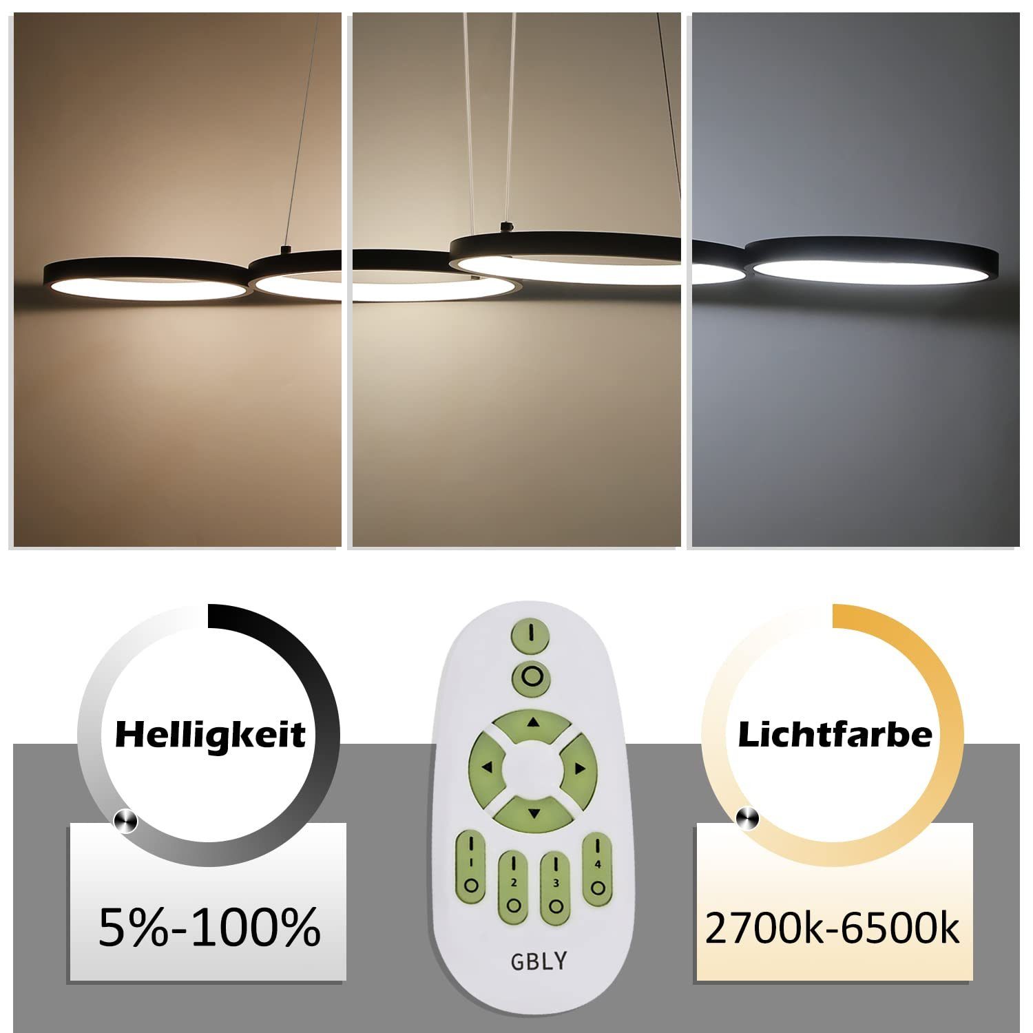 ZMH LED Pendelleuchte Wohnzimmer Modern 4 Flammig Hängelampe Dimmbar mit Fernbedienung, Augenschutz, Einfache Installtion, LED fest integriert, warmweiß-kaltweiß, Dimmbar