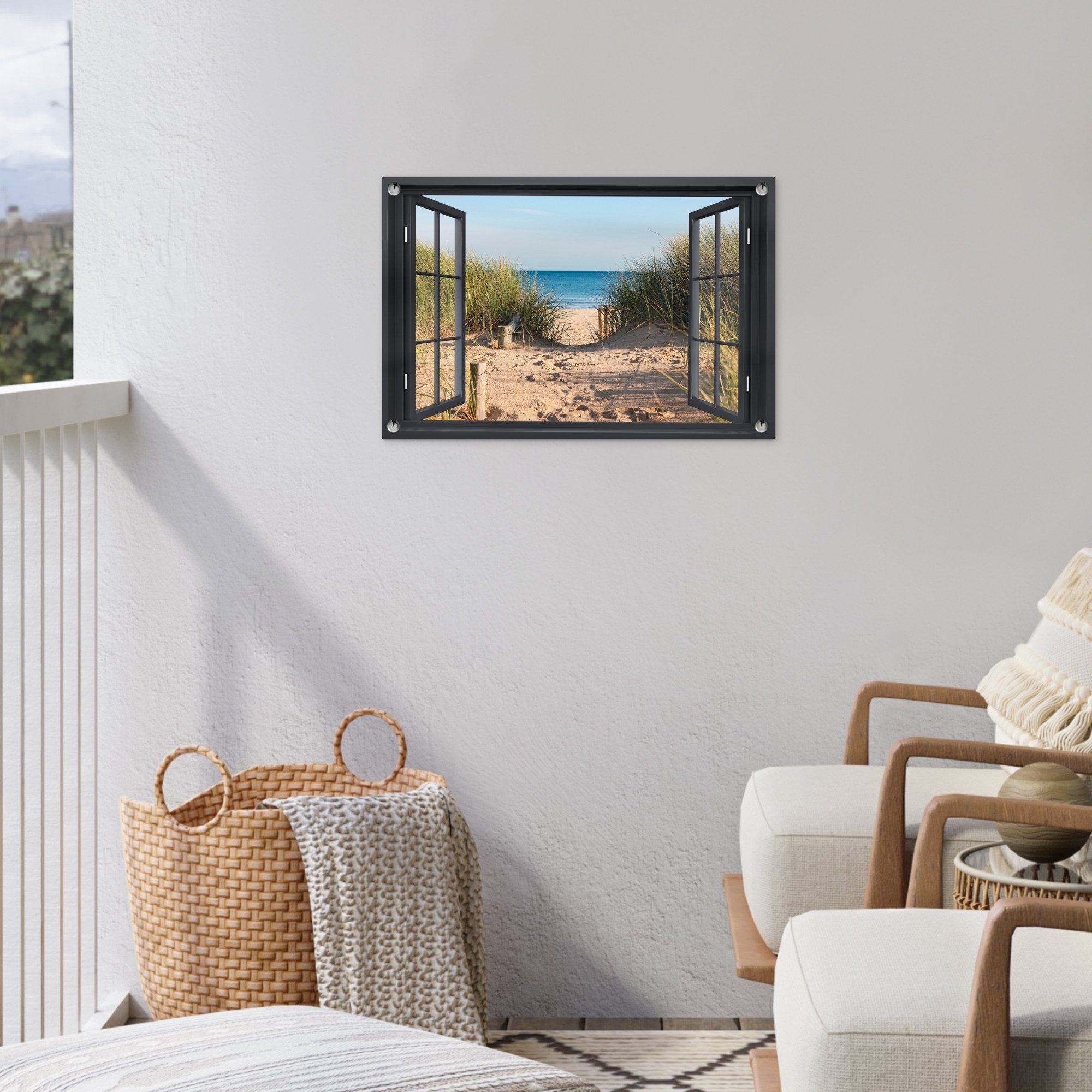 OnlyWow Poster für Garten Durchblick - Strand - Meer - Sand - Wasser - Strandhafer -, Gartenposter, Outdoor Bilder, Gartendekoration Bild, 60x40 cm