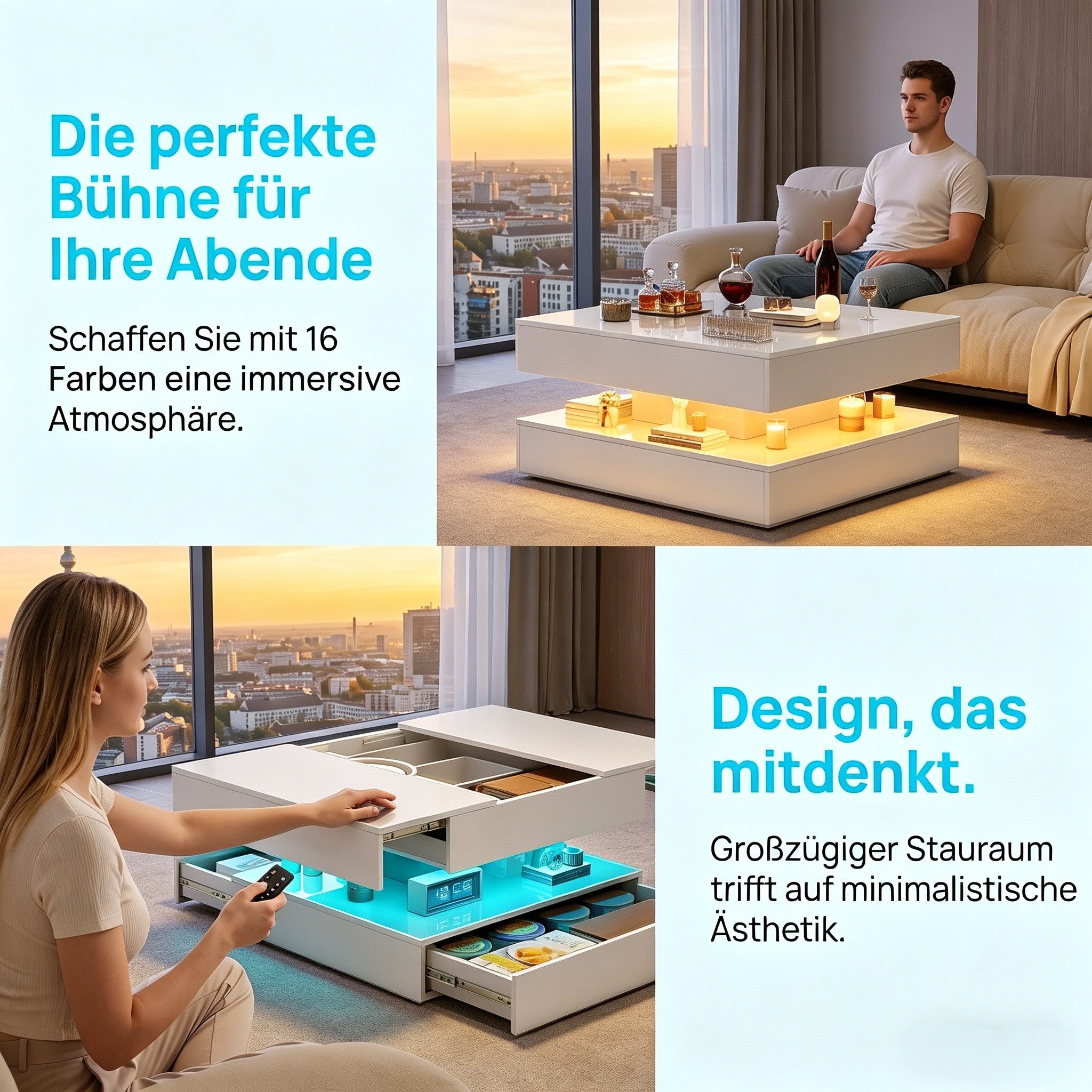 PXloue Couchtisch LED-Couchtisch mit Stauraum und modernem Design (Hochglänzender), Praktischer Tisch mit Schubladen und integrierter Beleuchtung – Bild 3 von 5