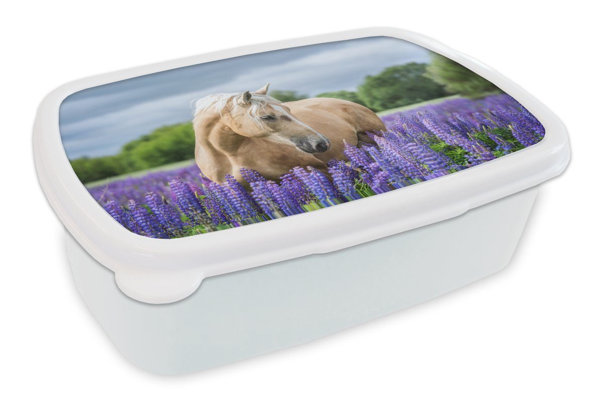 MuchoWow Lunchbox Pferd - Blumen - Lila, Kunststoff, (2-tlg), Brotbox für Kinder und Erwachsene, Brotdose, für Jungs und Mädchen weiß