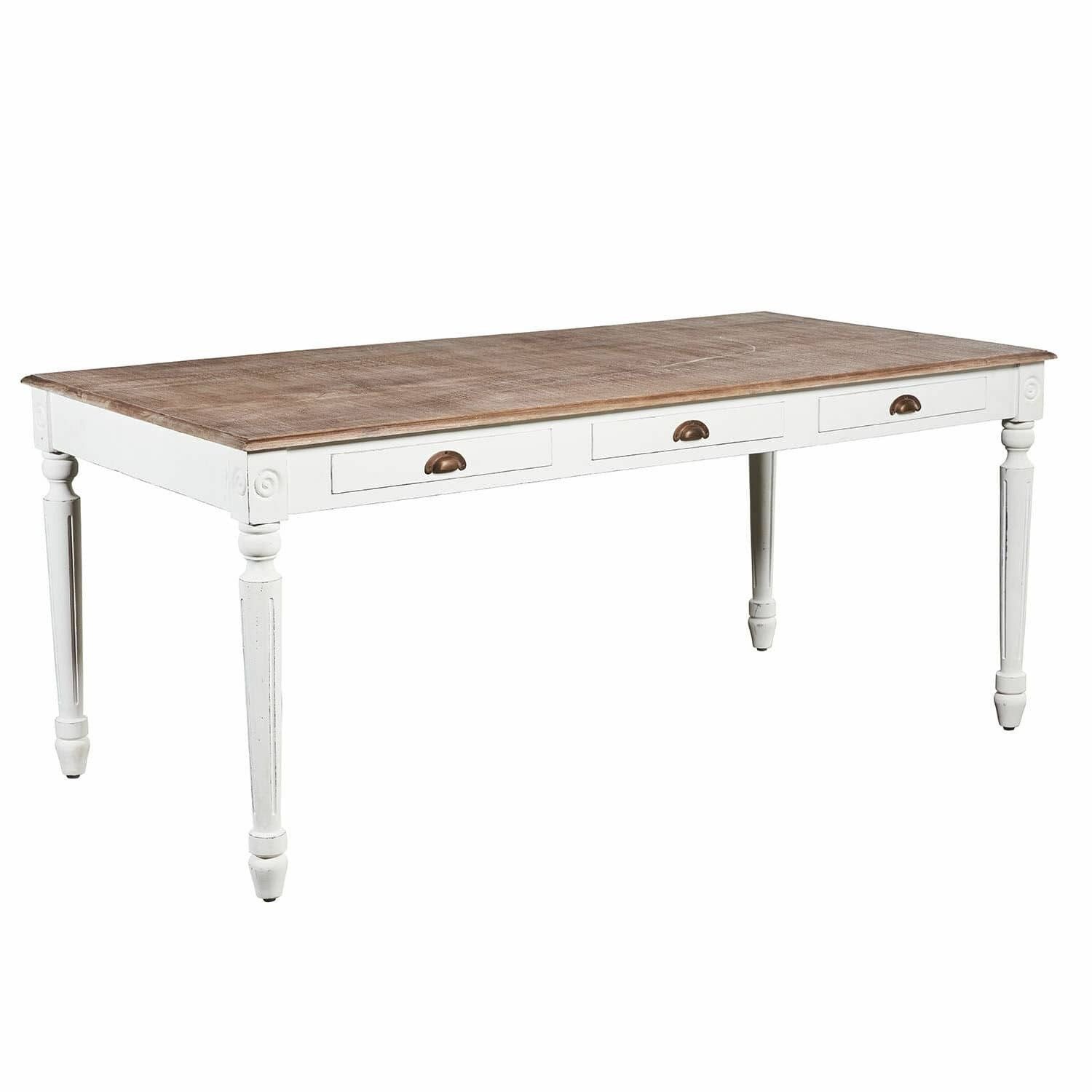 Mirabeau Esstisch nostalgischer Tisch Helsinquia aus Mangoholz mit Schubladen weiß (handgefertigt & charmant, 3 Schubladen & verzierten Tischbeinen), Wohnzimmertisch, weiß/braun, B 175cm, H 76cm, T 90cm