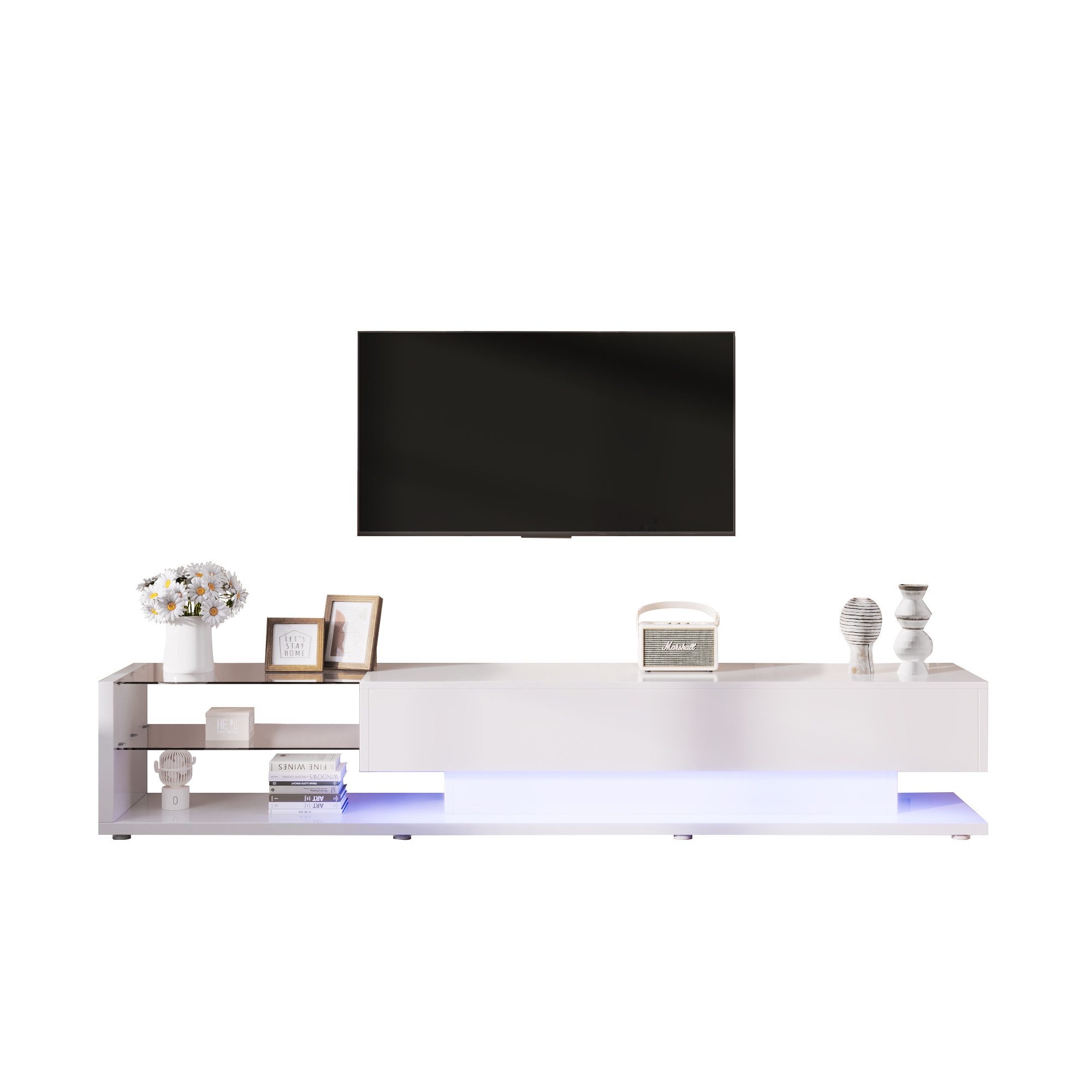 Lowboard TV-Schrank mit Glasablagen und Schubladen