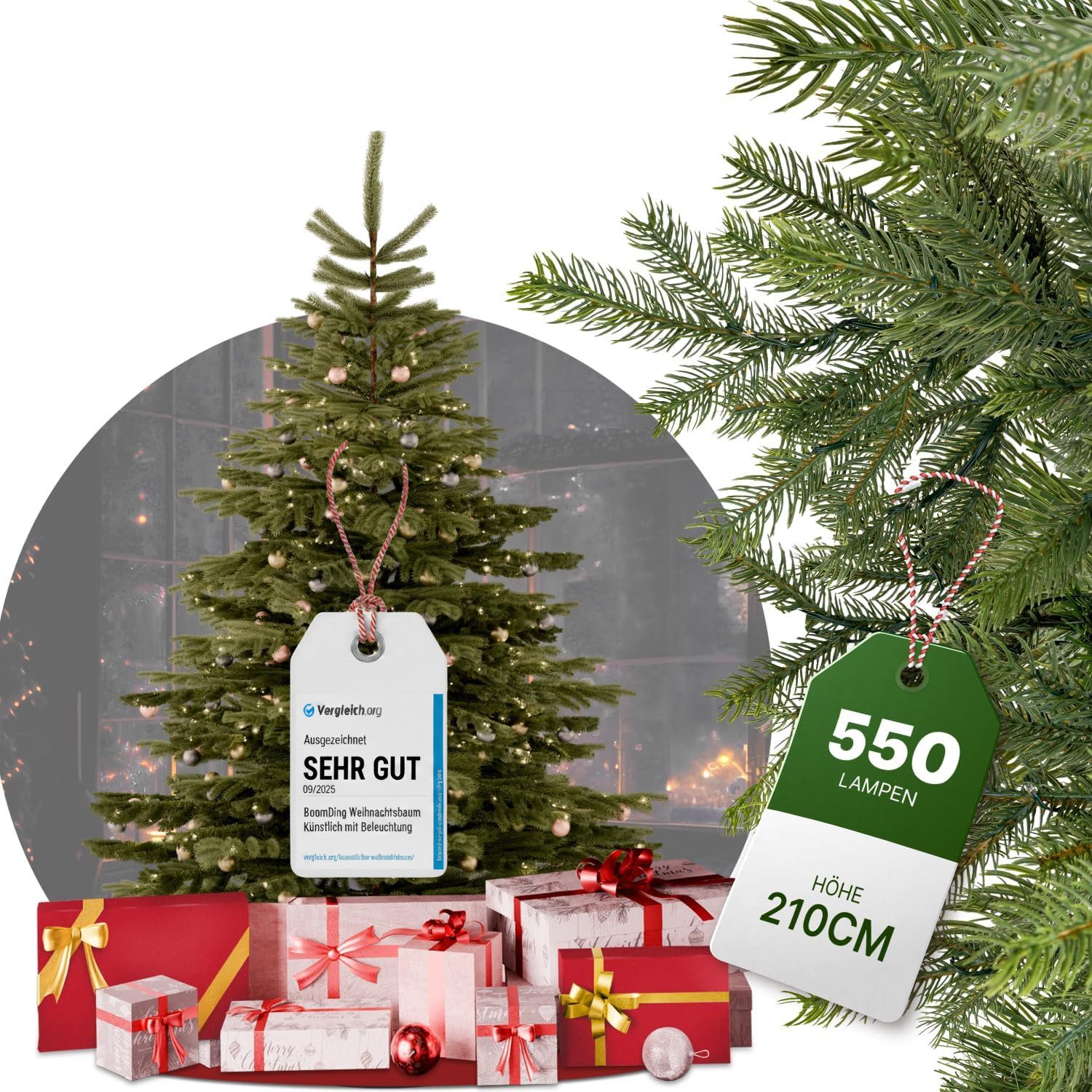 BoomDing Künstlicher Weihnachtsbaum Tannenbaum Weihnachtsbaum mit LED - 180, 210, 240 cm Höhe, Christbaum mit Metallständer und wünderschöner LED Beleuchtung
