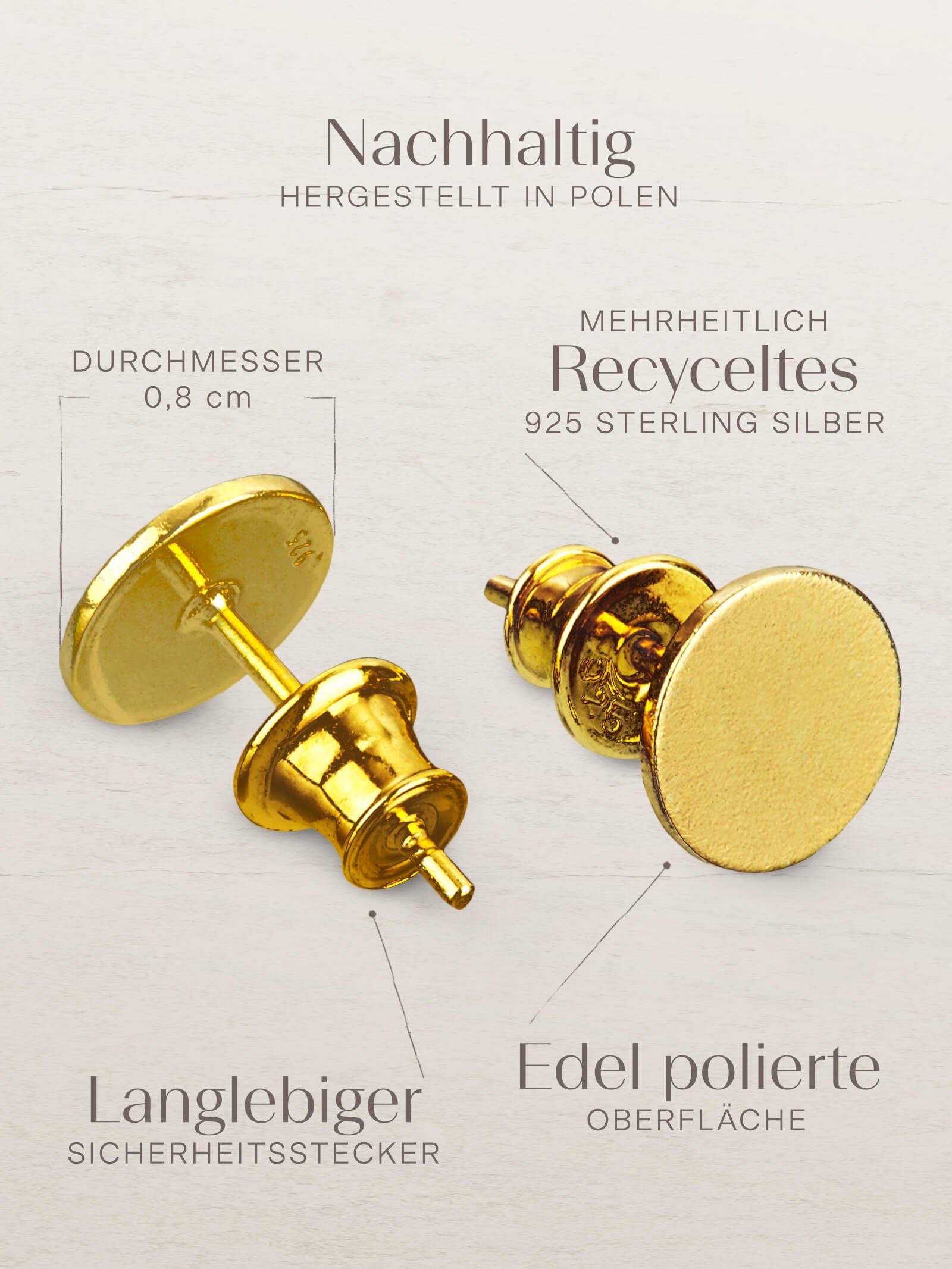modabilé Paar Ohrstecker Ohrringe VIRGIN 8mm, Damen Kreis Ohrschmuck Vergoldet Sterling Silber 925 Flach Rund