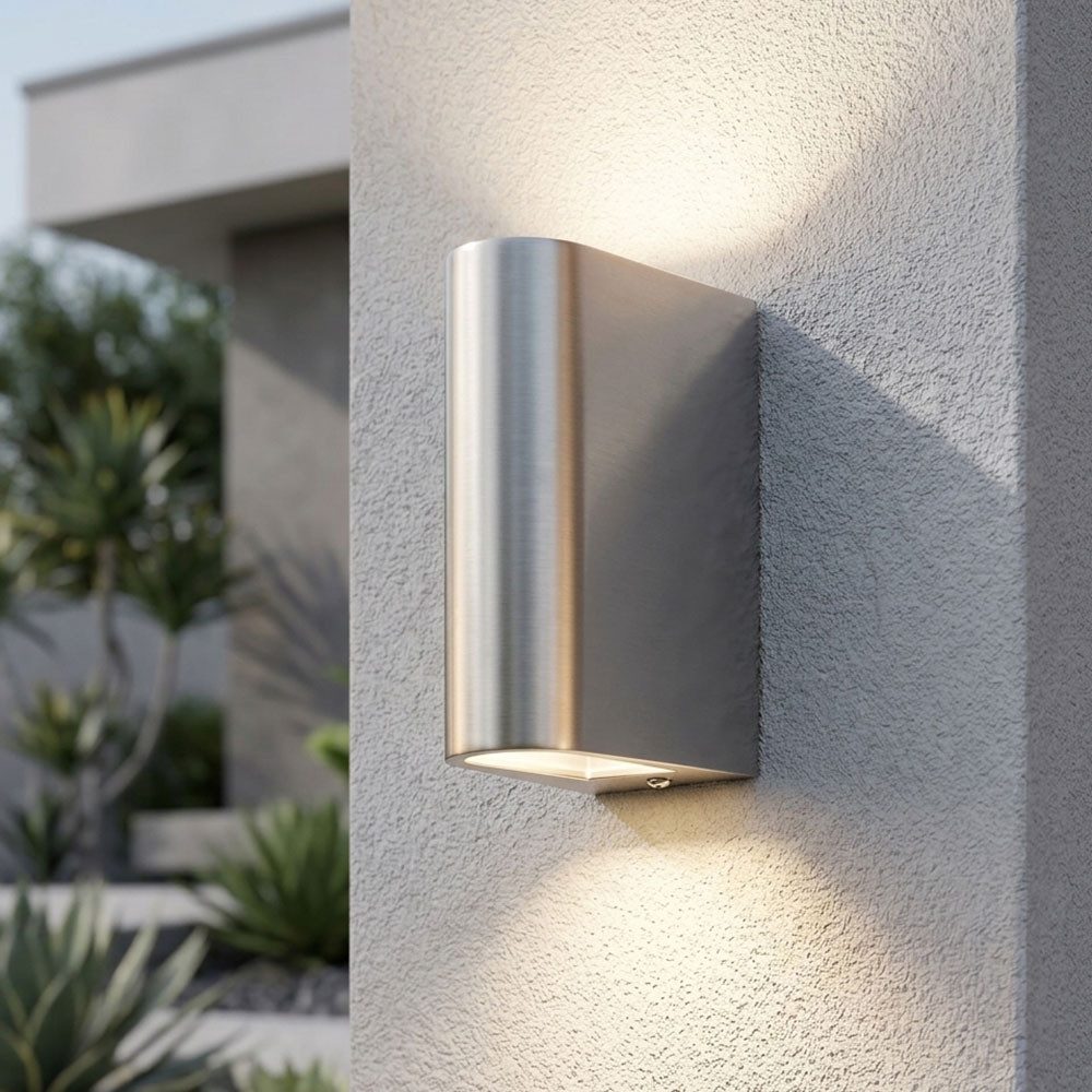 Harms Import LED Außen-Wandleuchte, LED-Leuchtmittel fest verbaut, Warmweiß, LED Wandleuchte Edelstahl Silber Up Down Außenleuchte IP44