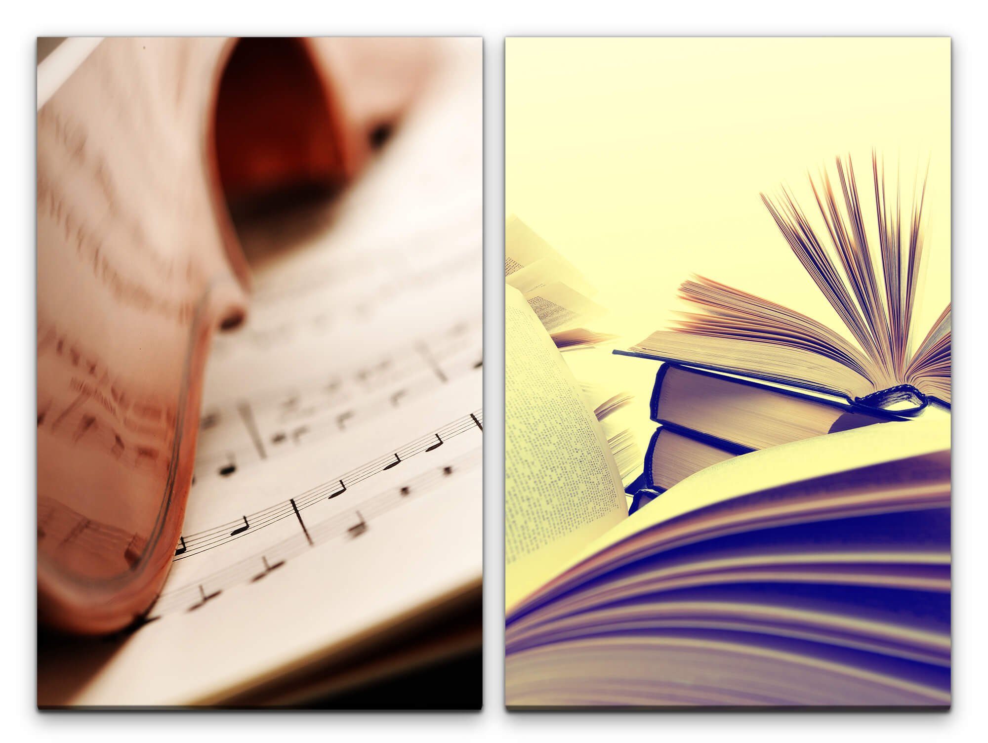 Sinus Art Leinwandbild 2 Bilder je 60x90cm Geige Violine Musiknoten Bücher Klassische Musik Bibliothek