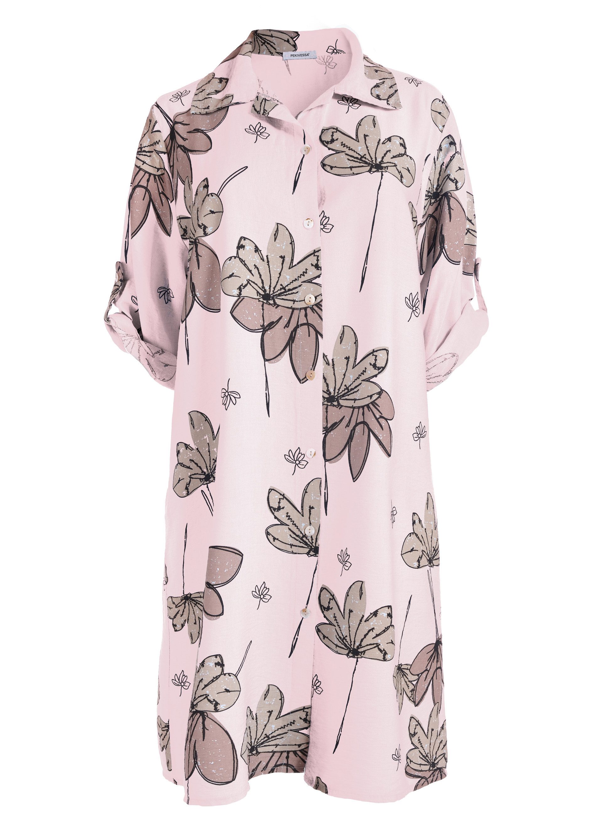 PEKIVESSA Sommerkleid Hemdblusenkleid mit Turn-Up-Ärmel Legerer gerader Schnitt mit Allover-Print