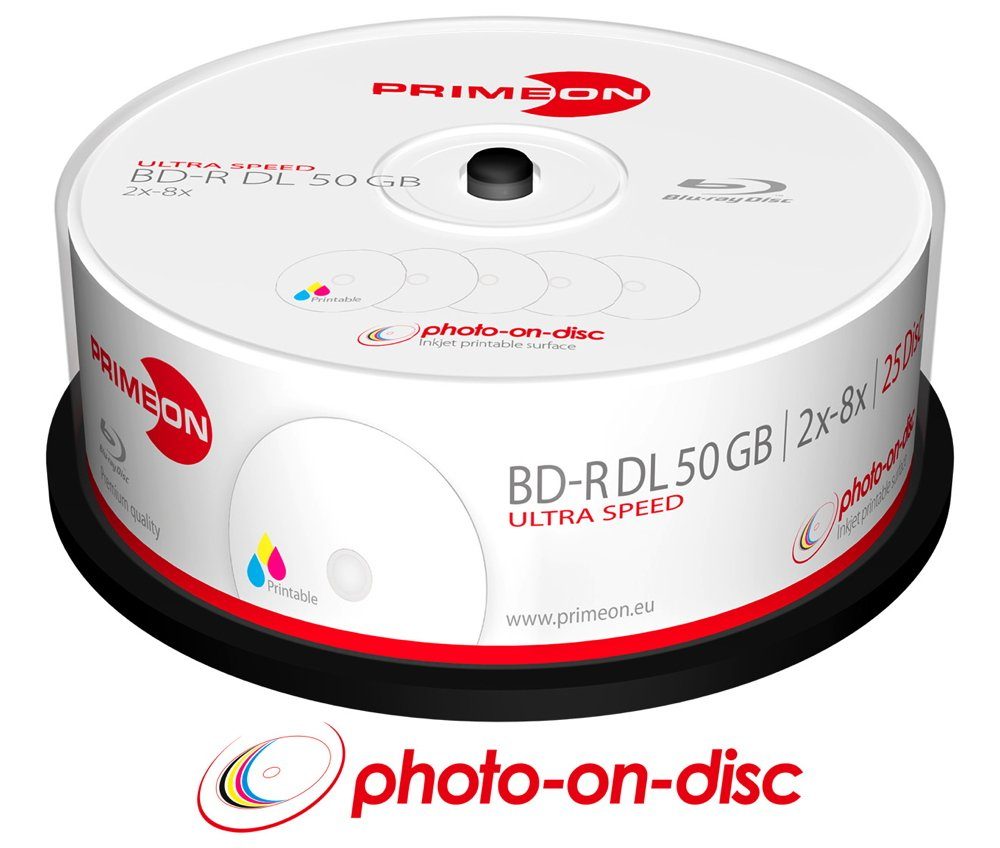 PRIMEON Blu-ray-Rohling 25 Rohlinge BD-R DL full printable photo on disc 50GB 8x Spindel