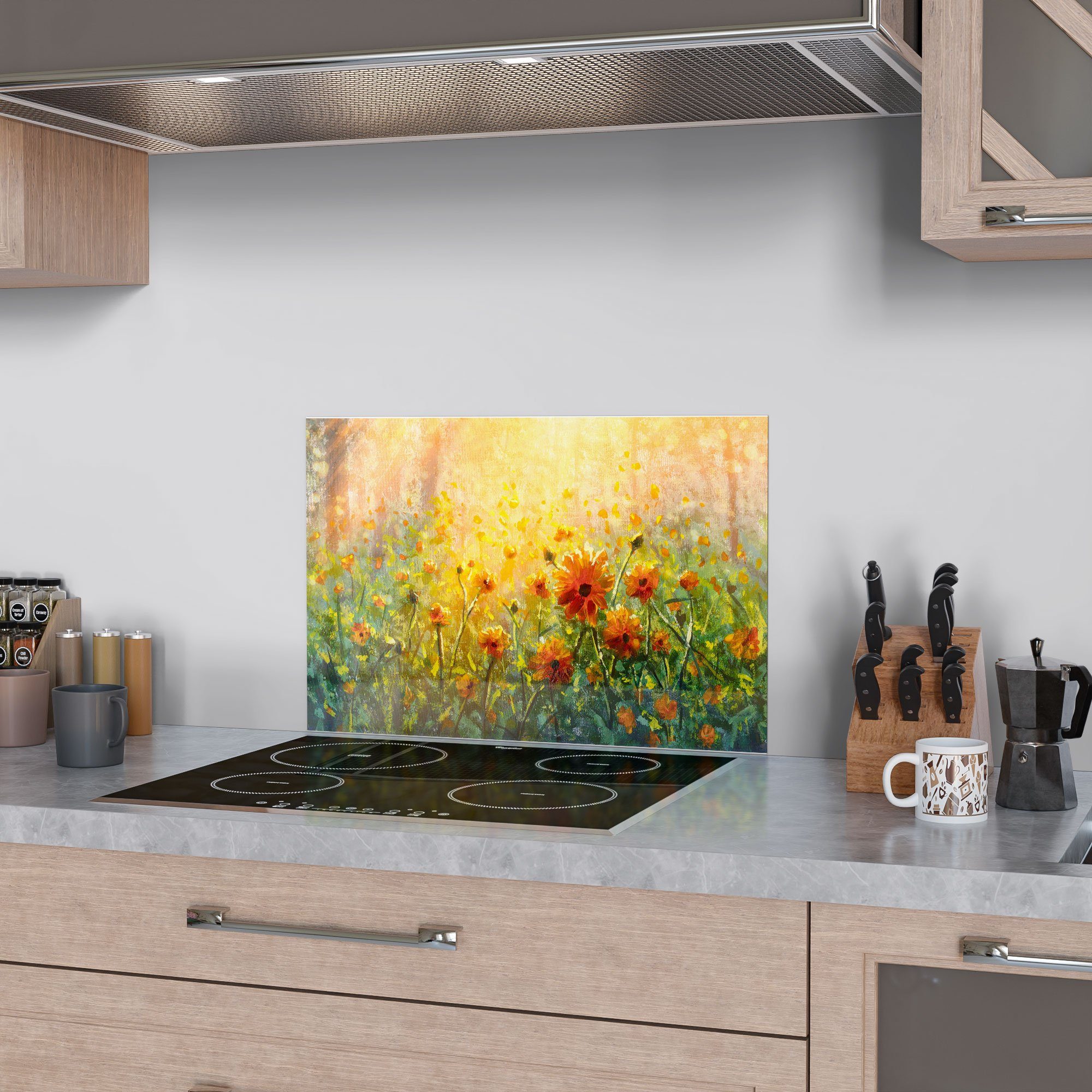 Glas DEQORI 'Blumenwiese im Spritzschutz Badrückwand Küchenrückwand Monet-Stil', Herdblende