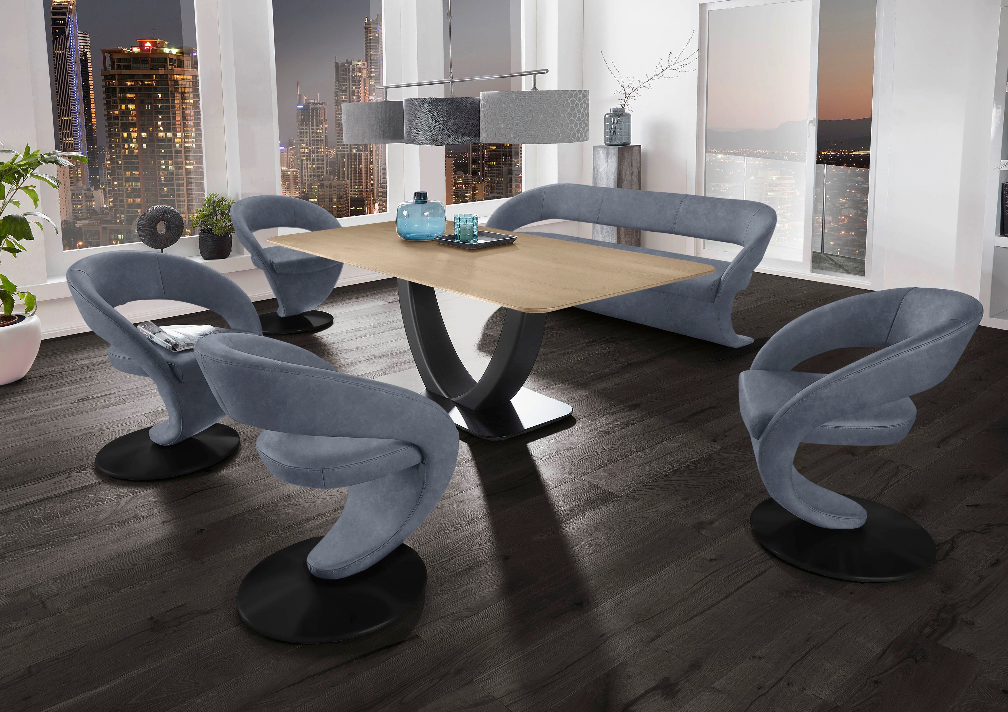 (Set), Design-Solobank mit Wohnen & 180x90cm in Essgruppe Komfort Wave, 4 Tisch Design-Drehstühlen und K+W