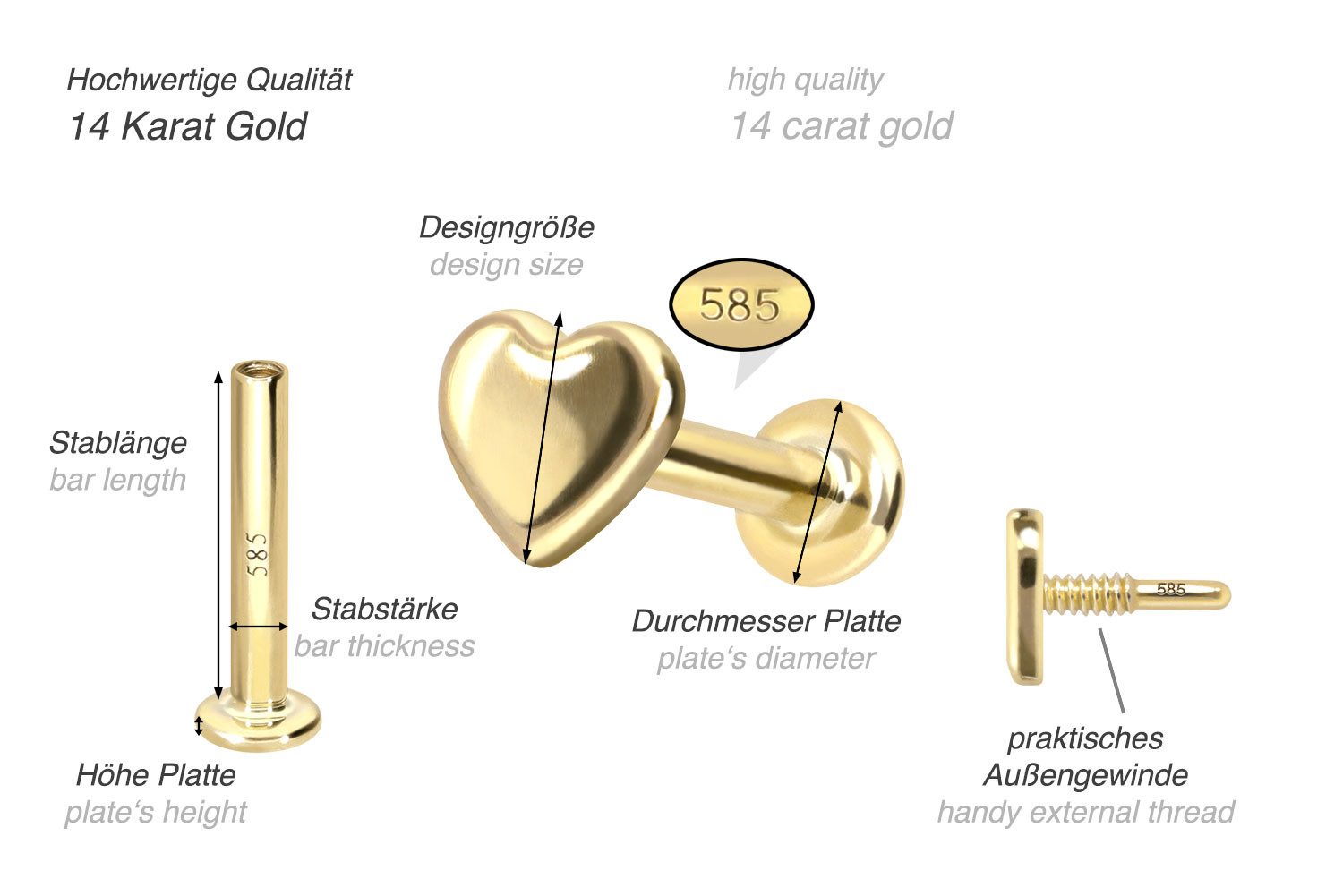 PIERCINGLINE Piercing-Set 14 Karat Gold Labret mit Innengewinde HERZ (Labrets, 1-tlg)