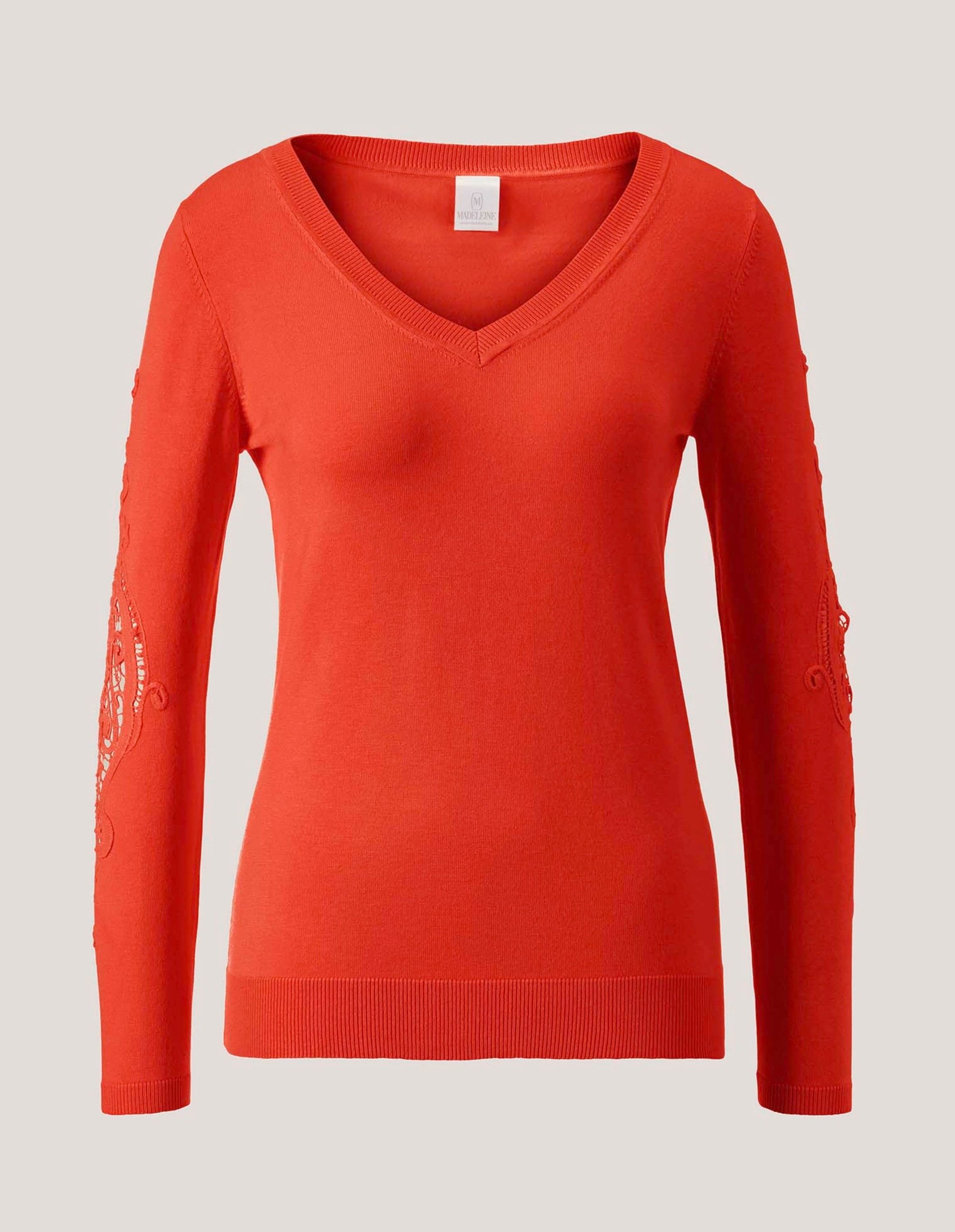 Strickpullover Pullover mit V-Ausschnitt und Spitzeneinsatz