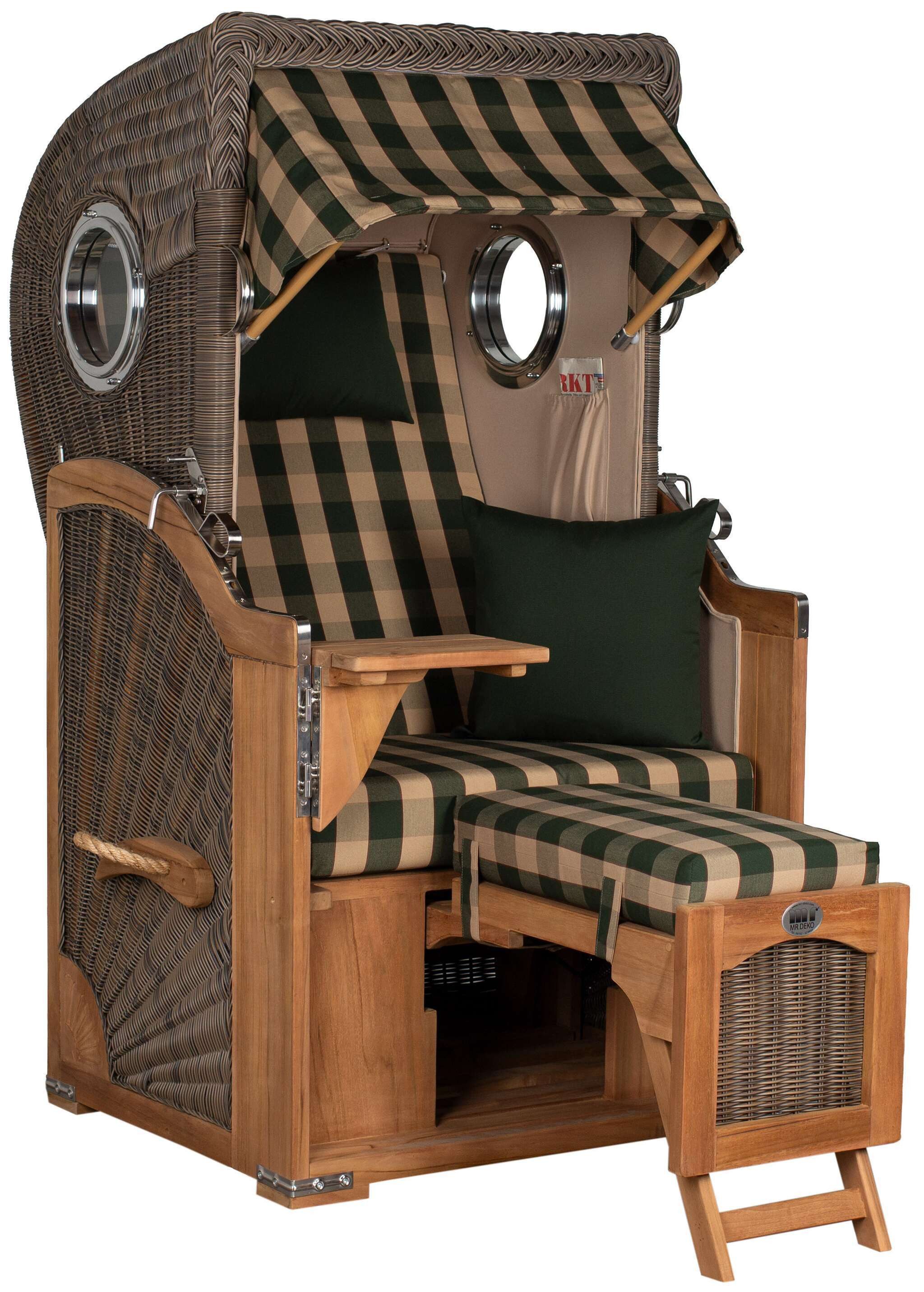 MR.DEKO Strandkorb Düne Single 1-Sitzer Bullauge Teak PE-Geflecht Grey 96x165x80, BxTxH: 96x80x165 cm, Vollieger, Düne Single, (Fertig montierter Strandkorb für Garten, Terrasse & Balkon, 1-tlg), Wetterfester Volllieger mit Edelstahlbeschlägen & waschbaren Polstern