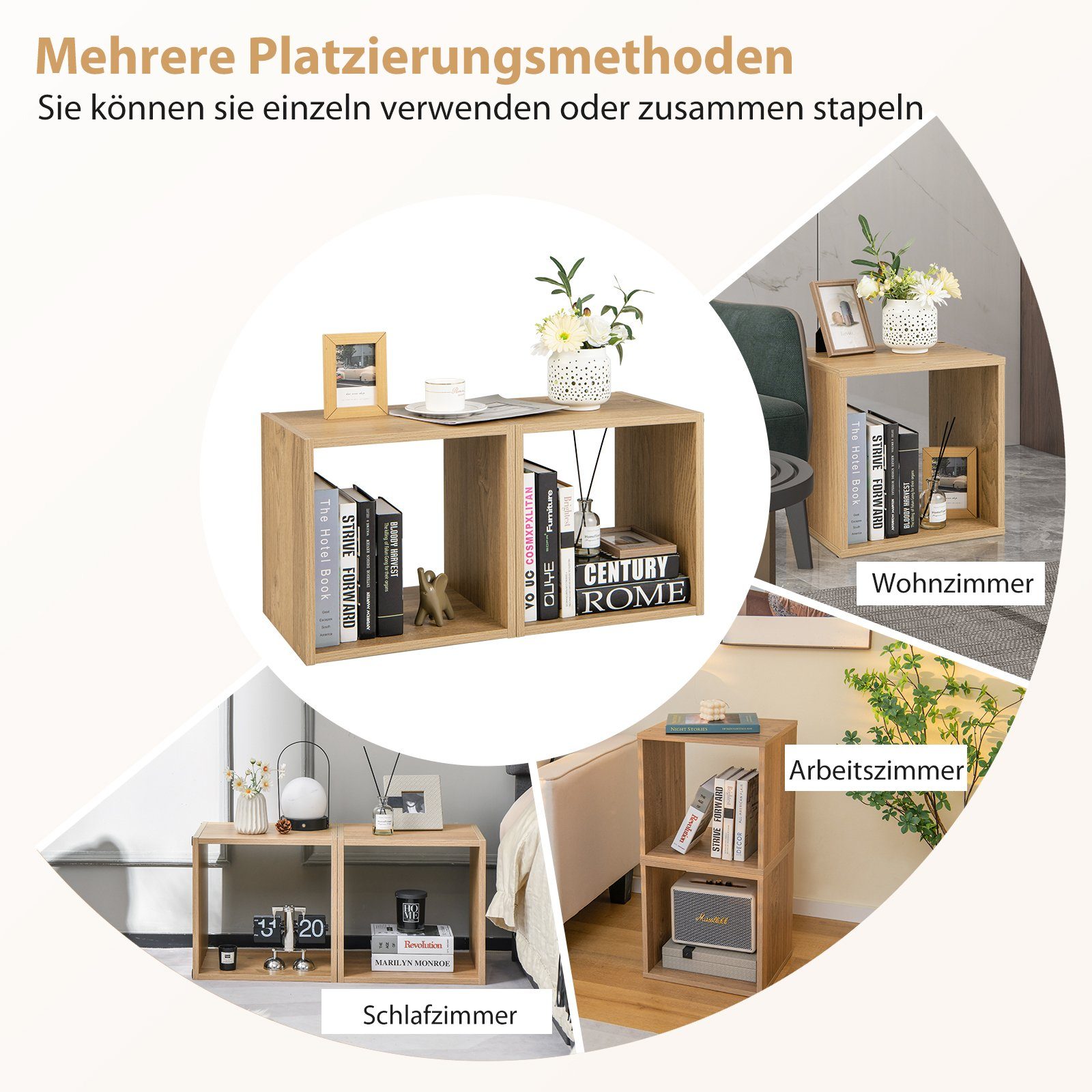 COSTWAY Bücherregal 2er Set Würfelregalen, 2-tlg., stapelbar, mit 2 Fächern