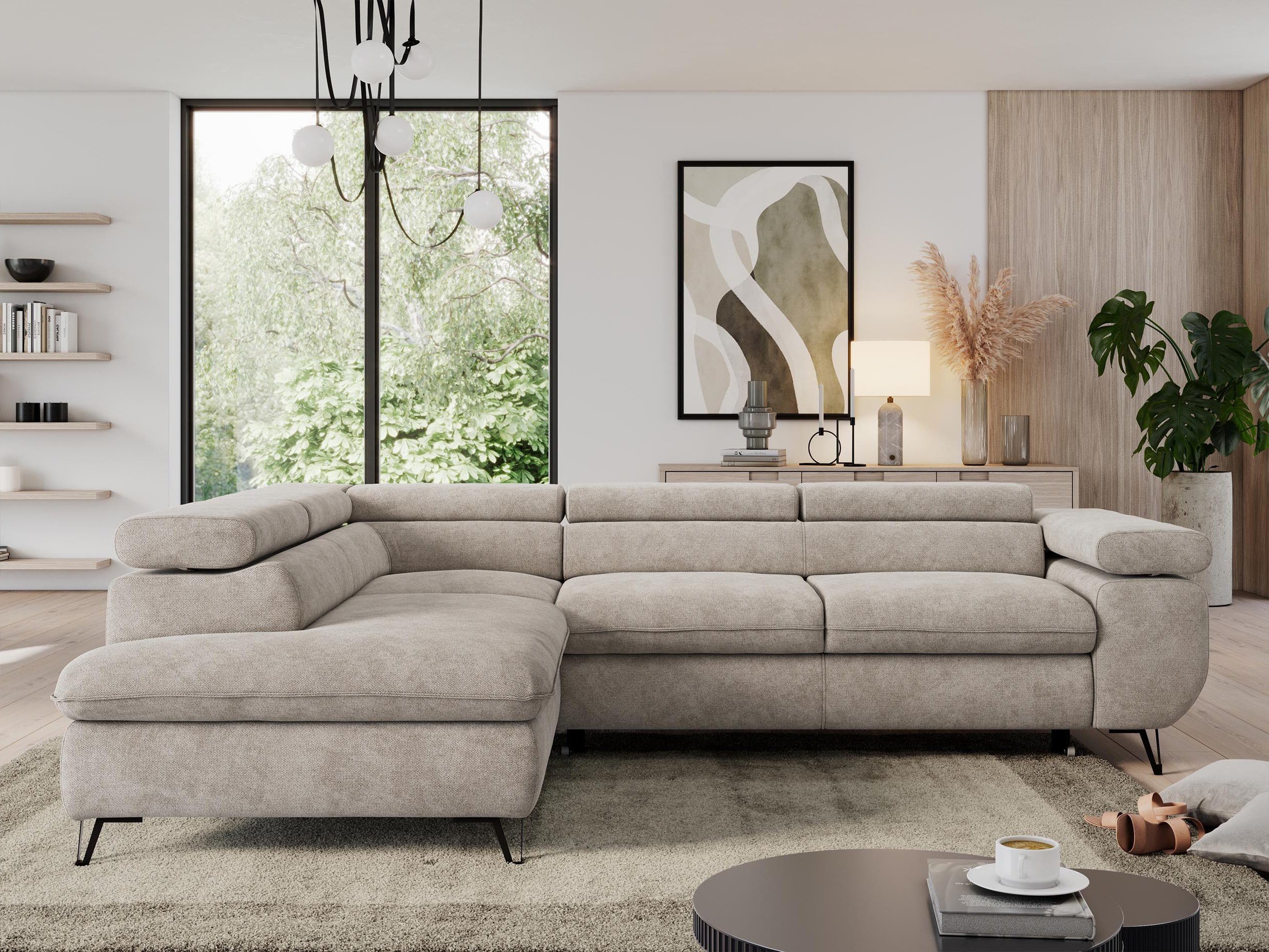 MKS MÖBEL Ecksofa PEDRO L, Set, HR35-Schaum, Metallbeinen, Wellenfedern, L-form, Schlaffunktion, verstellbaren Kopfstützen, Bettkasten