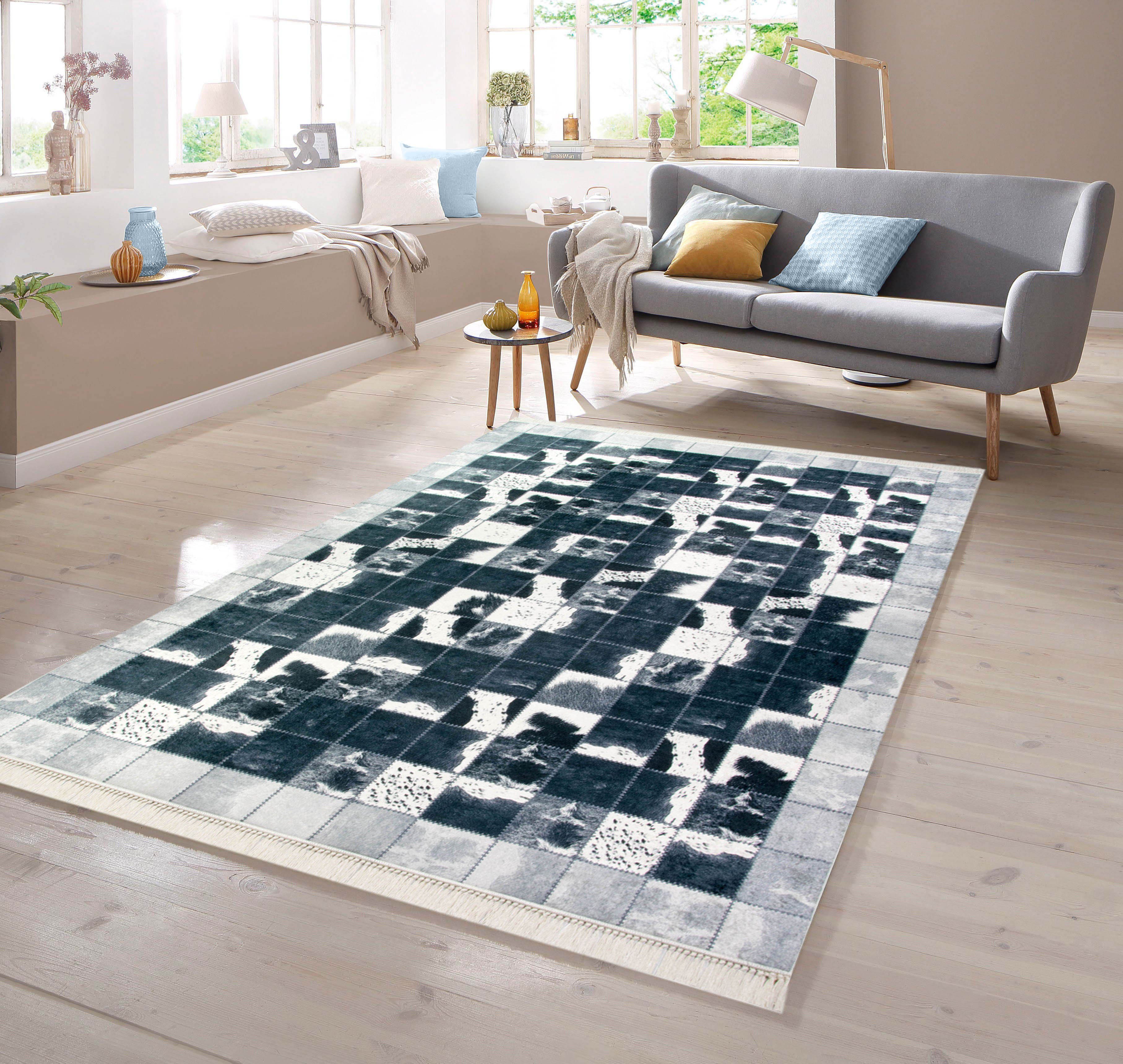 Teppich Kuhfell Imitat Teppich Patchwork in Schwarz Grau Weiß, TeppichHome24, rechteckig