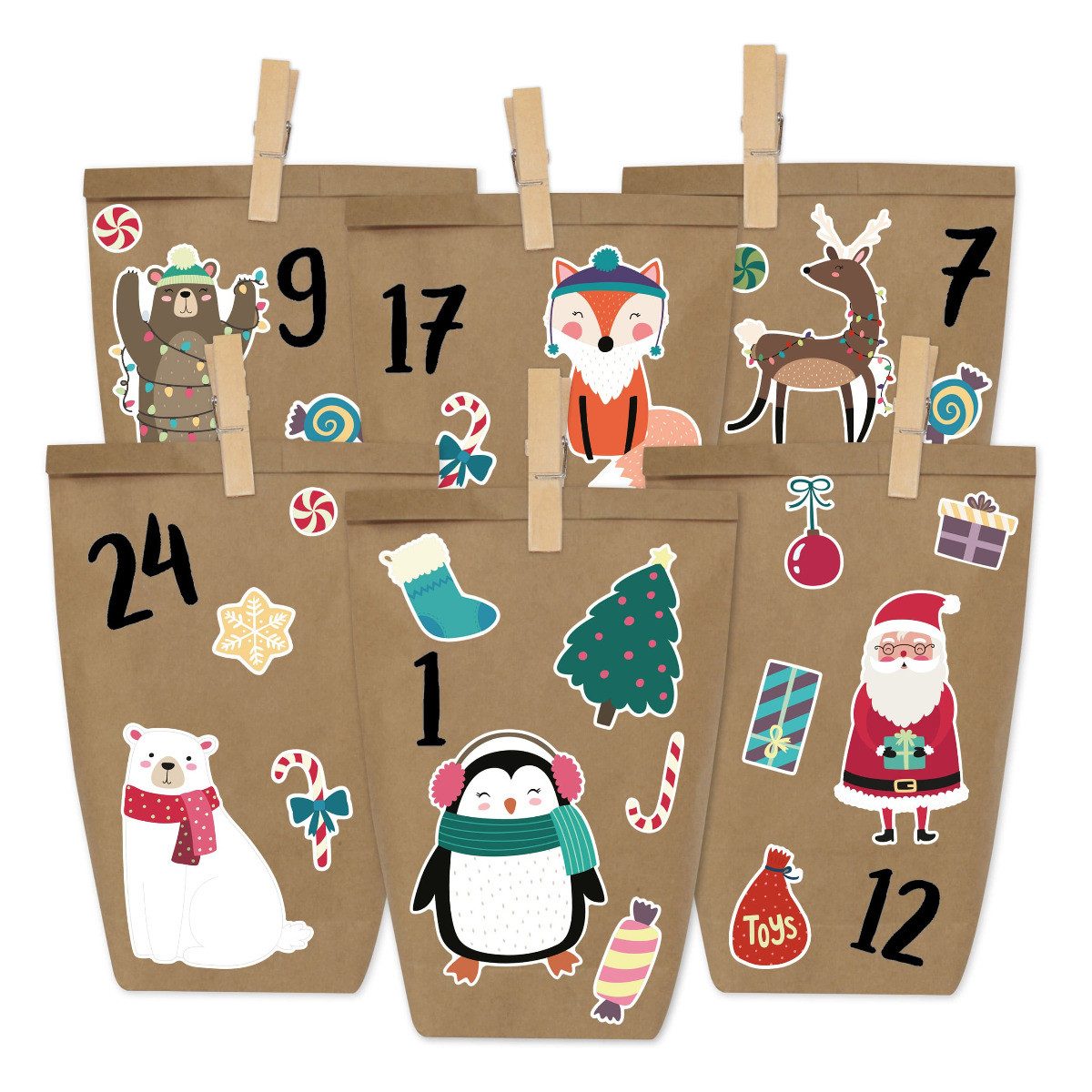PAPIERDRACHEN DIY-Adventskalender 24 Papiertüten - Bunte Winterliche Sticker (24-tlg), 22x14x5cm