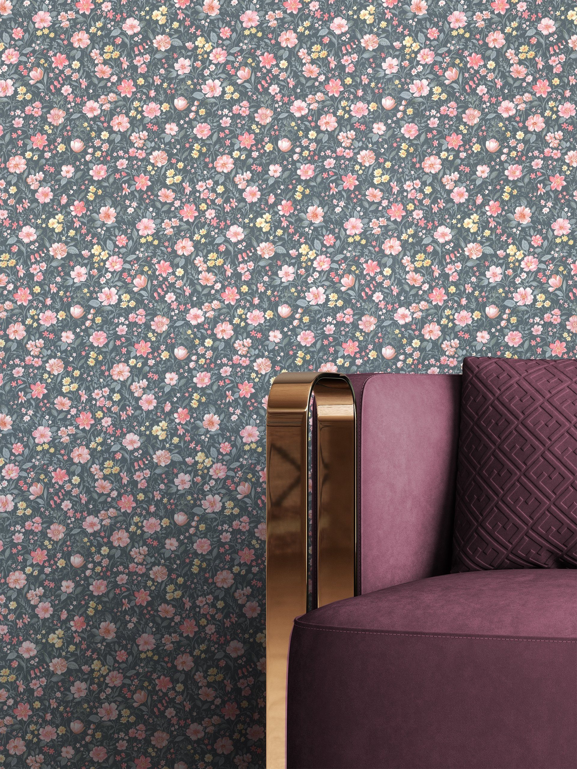 Newroom Vliestapete, Rosa Tapete Landhaus Blumen - Blumentapete Anthrazit B günstig online kaufen