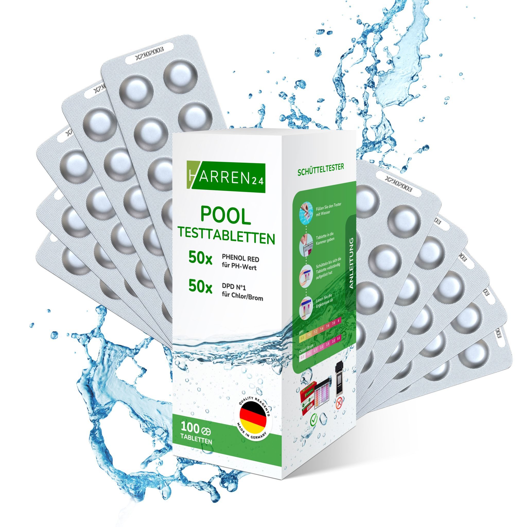 harren24 Pooltester Test-Tabletten RAPID für pH-Wert und freies Chlor 2x50 Stück, Pool, je 50 Stück DPD 1 + Phenol Red