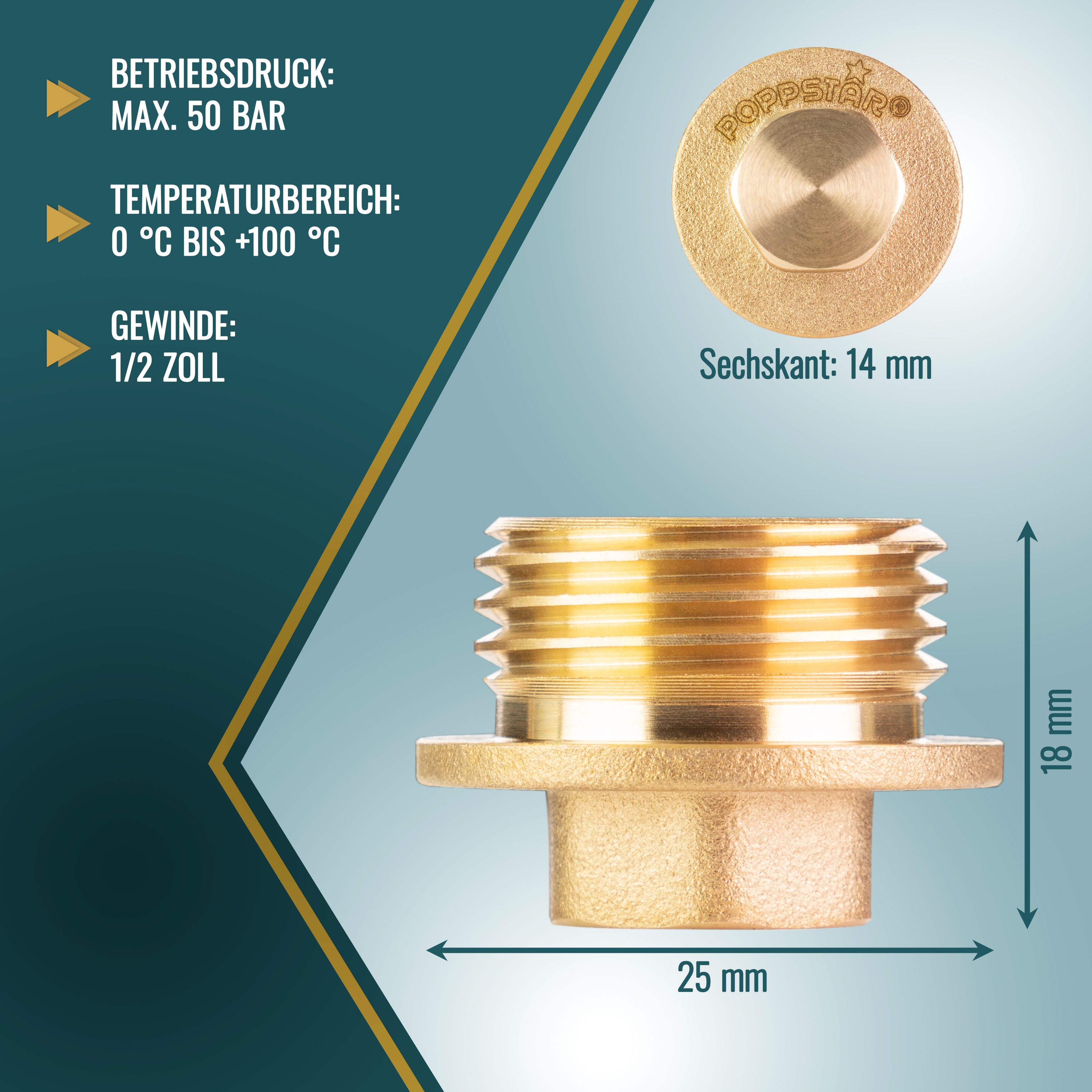 Thumbnail - Poppstar Endkappe, (1-St), Messing Stopfen 1/2 Zoll Außengewinde (1/2" / 21mm, bis 50bar)