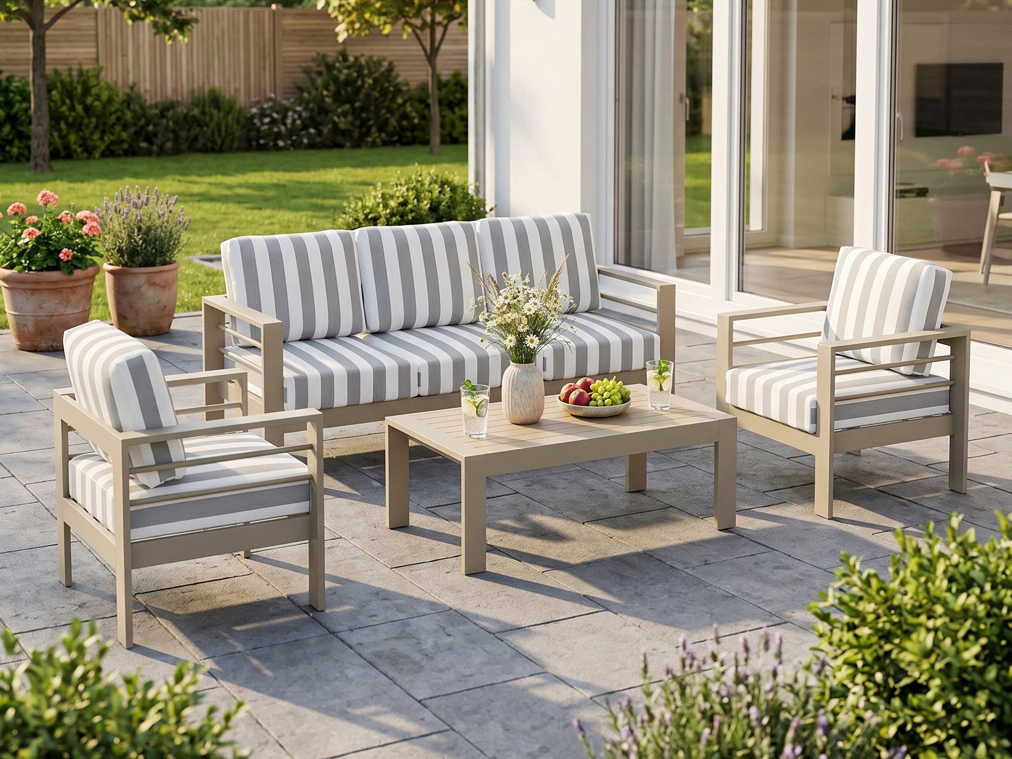MeXo Gartenlounge-Set Gartenmöbel Set 4-5 Personen Aluminium Wetterfest, (mit 2 Bezugsets Uni & Streifen, 12 cm Deluxe-Sitzkissen, 4-tlg., Belastbarkeit pro Sitzplatz 140kg), Gartensofa mit Tisch, Luxus Relax