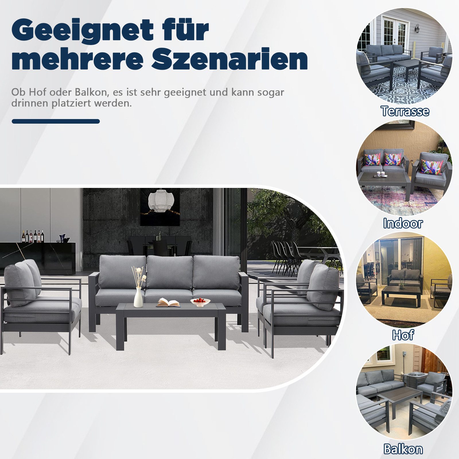MeXo Gartenlounge-Set XXL Gartenmöbel Set Aluminium Outdoor, (Gartenmöbel Set, 5-tlg., 1×3-Sitzer Sofa, 1×2-Sitzer Sofa, 2×Sessel, 1×Tisch, 14×Auflagen), wetterfest Sitzgruppe Essgruppe Gartengarnitur für 6-7 Personen