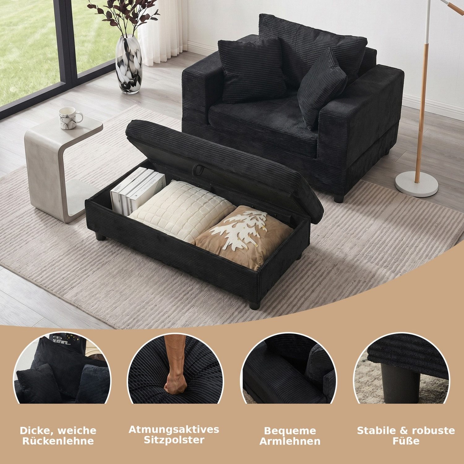 ANYSUN XXL-Sessel Loveseat mit Stauraumhocker, breiter Sitzfläche & 3 Rückenkissen (2-St), Cordsessel mit gepolsterten Armlehnen für Wohnzimmer & Leseecke – Bild 2 von 5