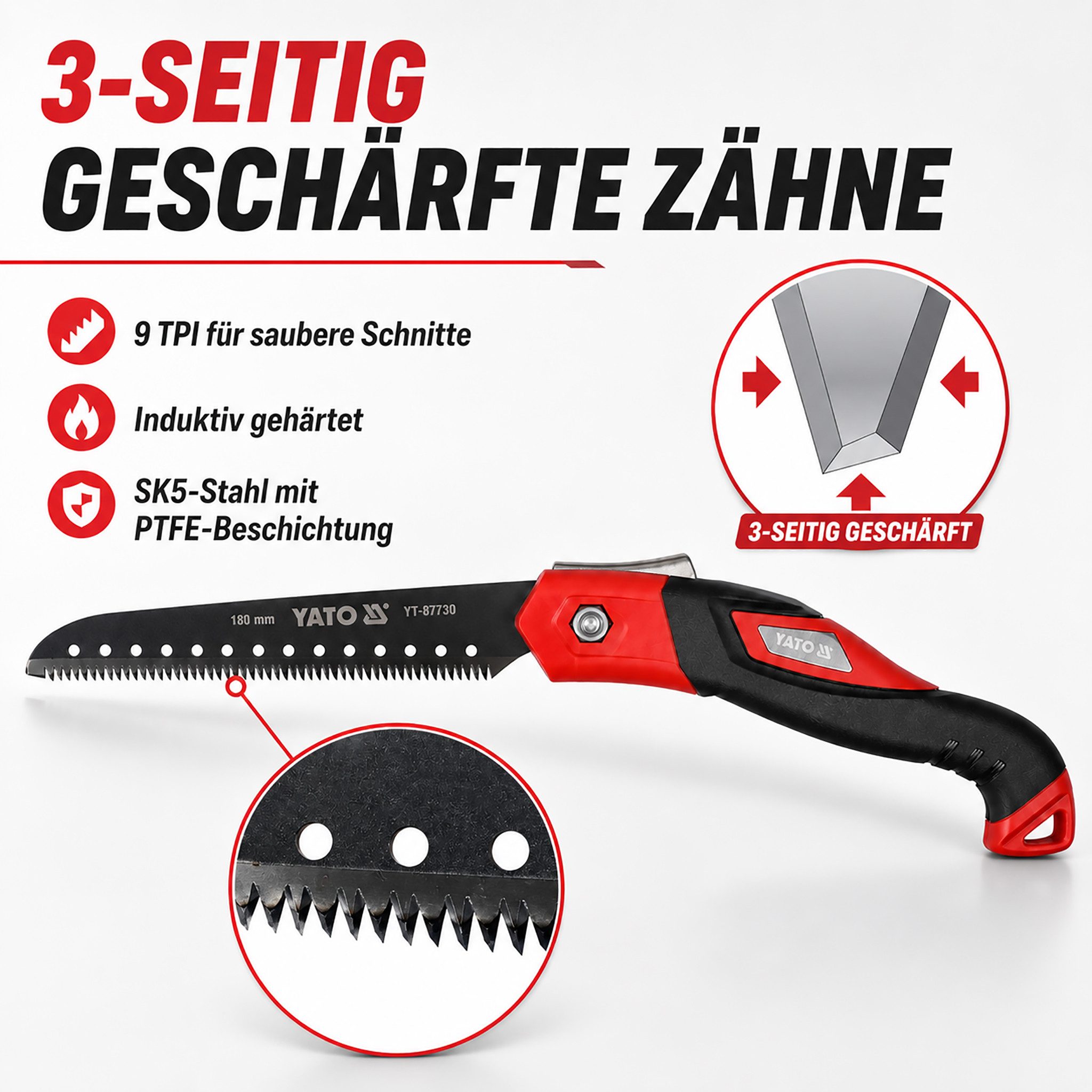 TOYA Handsäge Astsäge Klappsäge 180 mm Typ YT-87730 Handsäge klappbar Gartensäge (1-St), 62–64 HRC, 3 Schnittkanten