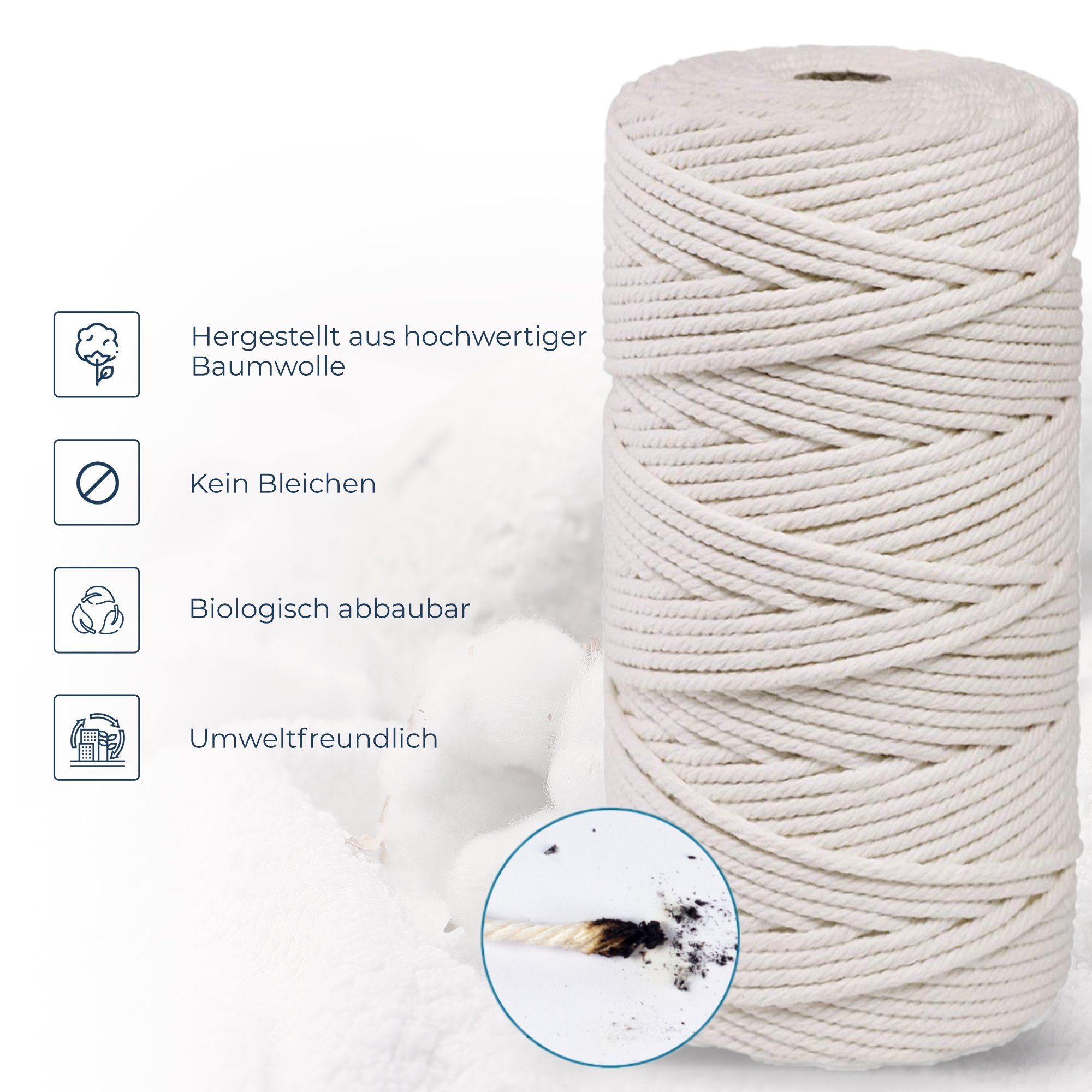 FadenWelt Makramee Garn 3mm x 100m, Baumwollgarn für DIY Handwerk Bastelgarn, 100,00 m (Baumwollschnur für Stricken, Baumwollseil für Wandbehänge und Pflanzen Aufhänger)