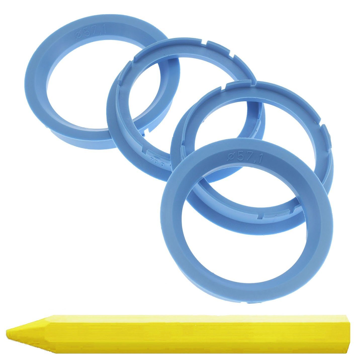 BRANDT AUTOMOTIVE Reifenstift 4X Zentrierringe Hellblau Felgen Ringe + 1x Reifen Kreide Fett Stift, Maße: 70,0 x 57,1 mm