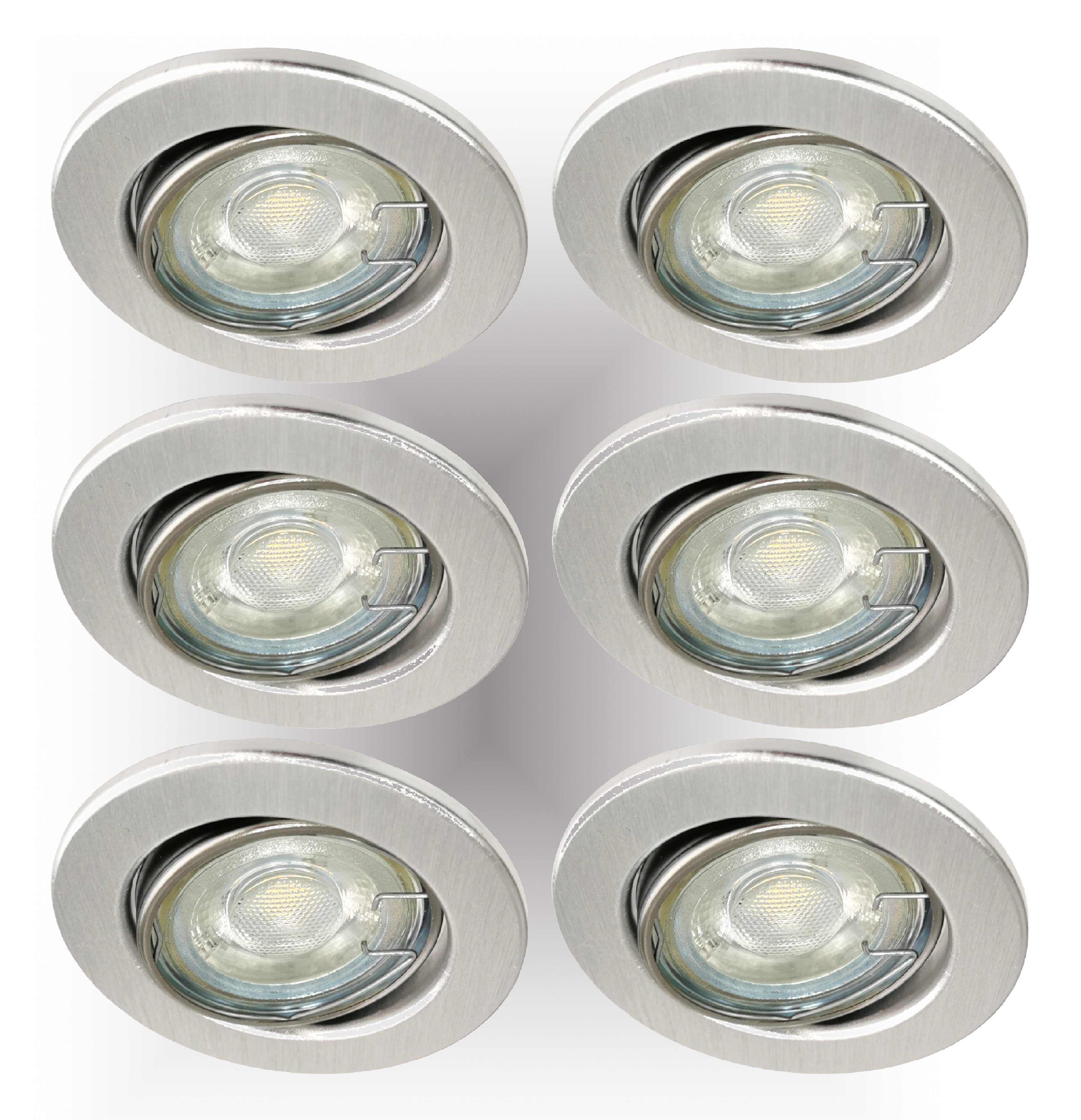TRANGO LED Einbauleuchte, 3-Stufen dimmbar, 6er Set LED Einbaustrahler 6729-069MO6KSD in Alu-gebürstet Rund incl. 3-Stufen dimmbar Ultra Flach LED Modul, 6000K Tageslicht (kalt-weiss), Deckenspot, Einbauspot, Deckenleuchte