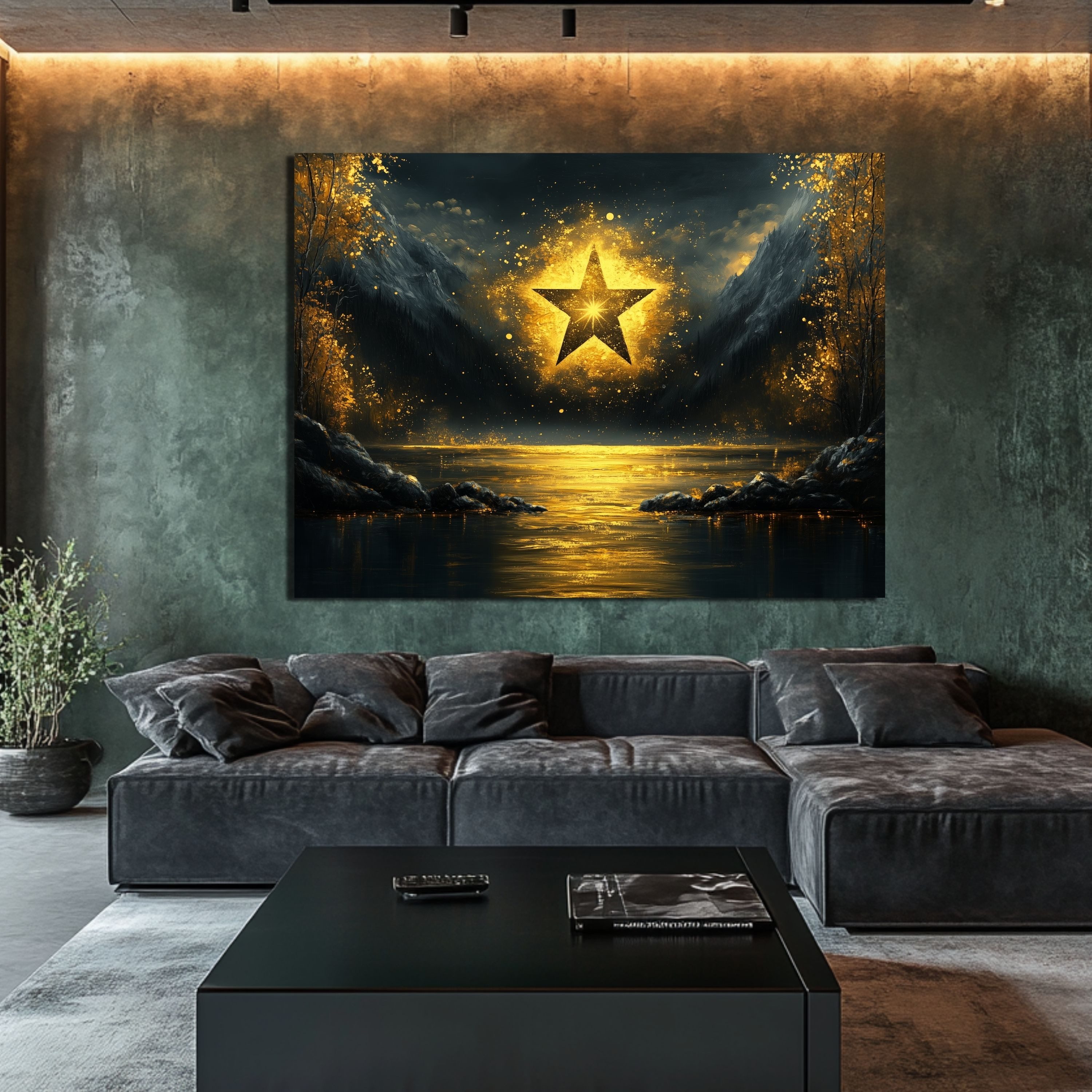 DARO Design Leinwandbild Modern Abstrakt Wandbilder XXL Wandbild Wand Deko Leinwand Bilder, (schwarzer Stern - Bild groß Wohnzimmer Schlafzimmer Küche Esszimmer Einteilig Querformat Fotodruck Leinwände Wanddeko Abstrakte Kunst Boho), 30x20cm