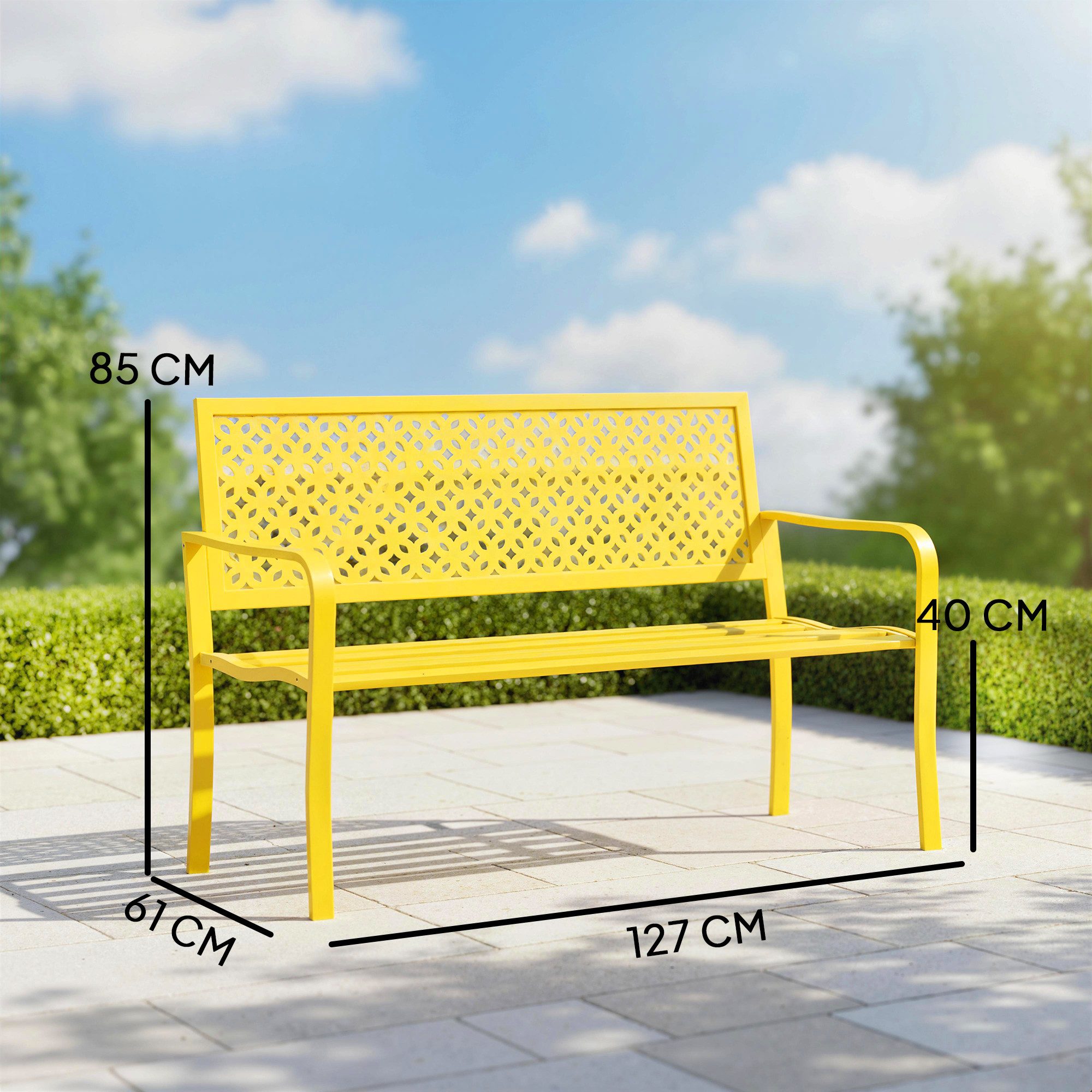Outsunny Gartenbank mit rostbeständiger Rückenlehne (Geometrische Balkonbank, 1-St., Outdoor Sitzbank), für Garten, Park, Balkon 127 x 61 x 85 cm Gelb