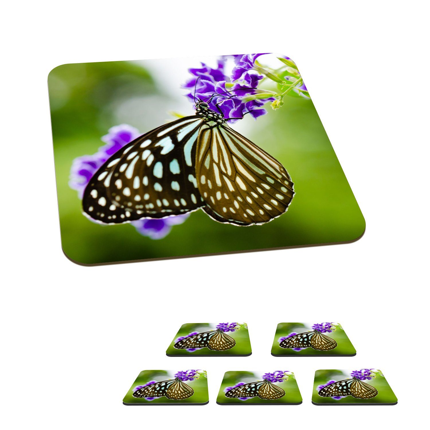 MuchoWow Glasuntersetzer Lavendel - Schmetterling - Botanisch, Zubehör für Gläser, 6-tlg., Glasuntersetzer, Tischuntersetzer, Korkuntersetzer, Untersetzer, Tasse