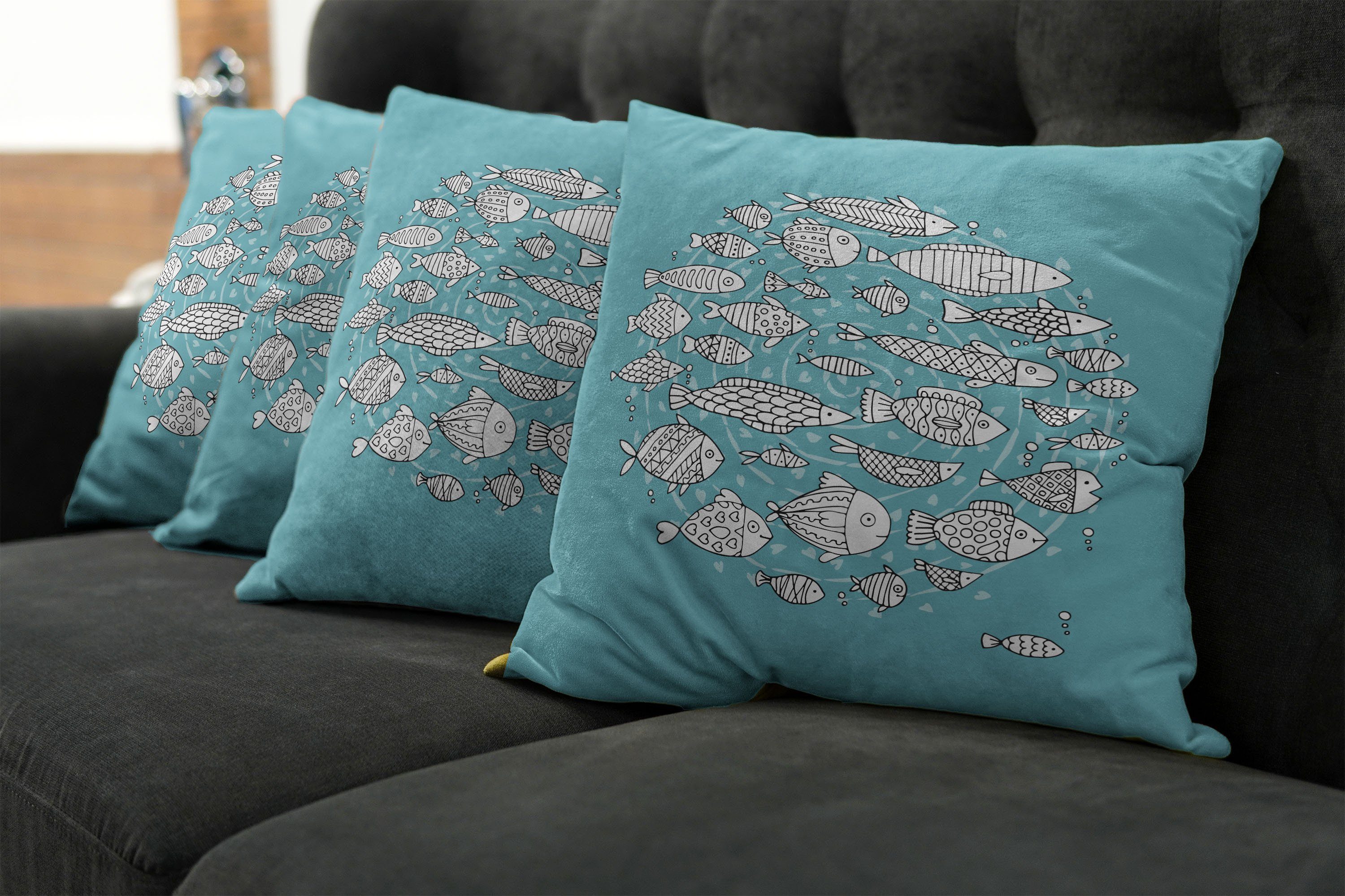 Kissenbezüge Modern Abakuhaus Doodle Fisch (4 Digitaldruck, Doppelseitiger Stück), Blau Weiß Accent und