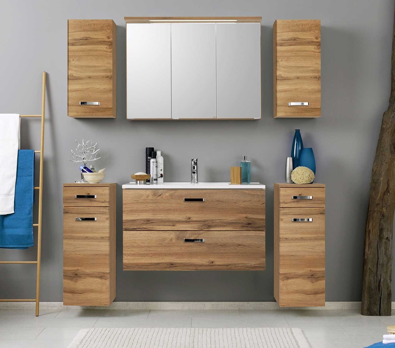 HELD MÖBEL Spiegelschrank MULTI, B 80 cm, Wotan Eiche Dekor, mit LED-Kranzbodenbeleuchtung