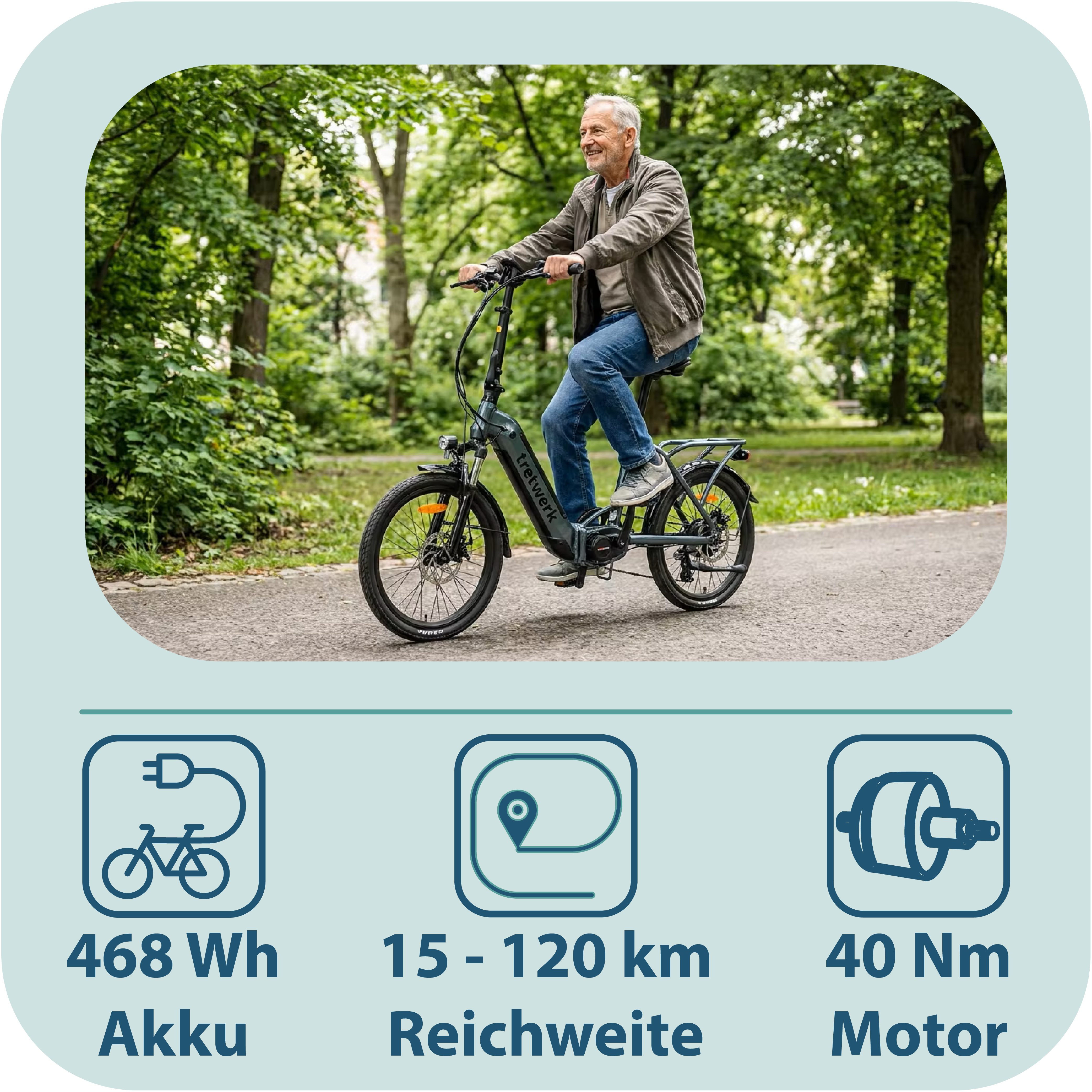 Tretwerk E-Bike Faltrad Camper, 7 Gang Shimano Tourney TY300 Schaltwerk, Kettenschaltung, Heckmotor, 468 Wh