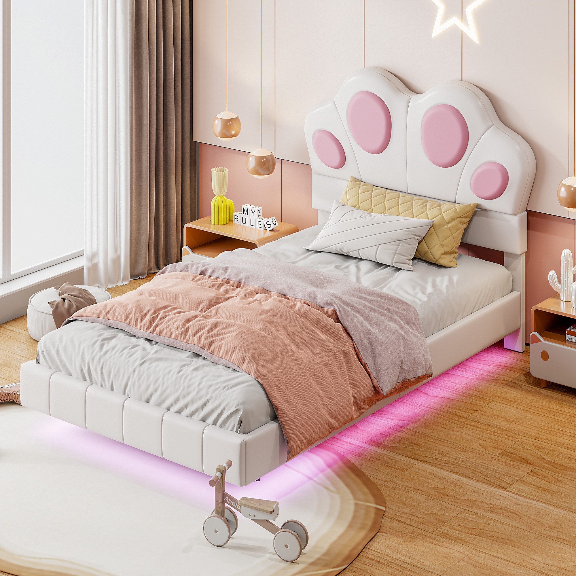 MODFU Polsterbett Katzenpfotenform am Kopfende des Bettes (mit farbwechselndem LED-Lichtdesign 90 x 200 cm, gepolsterter schwebender Bettrahmen), ohne Matratze