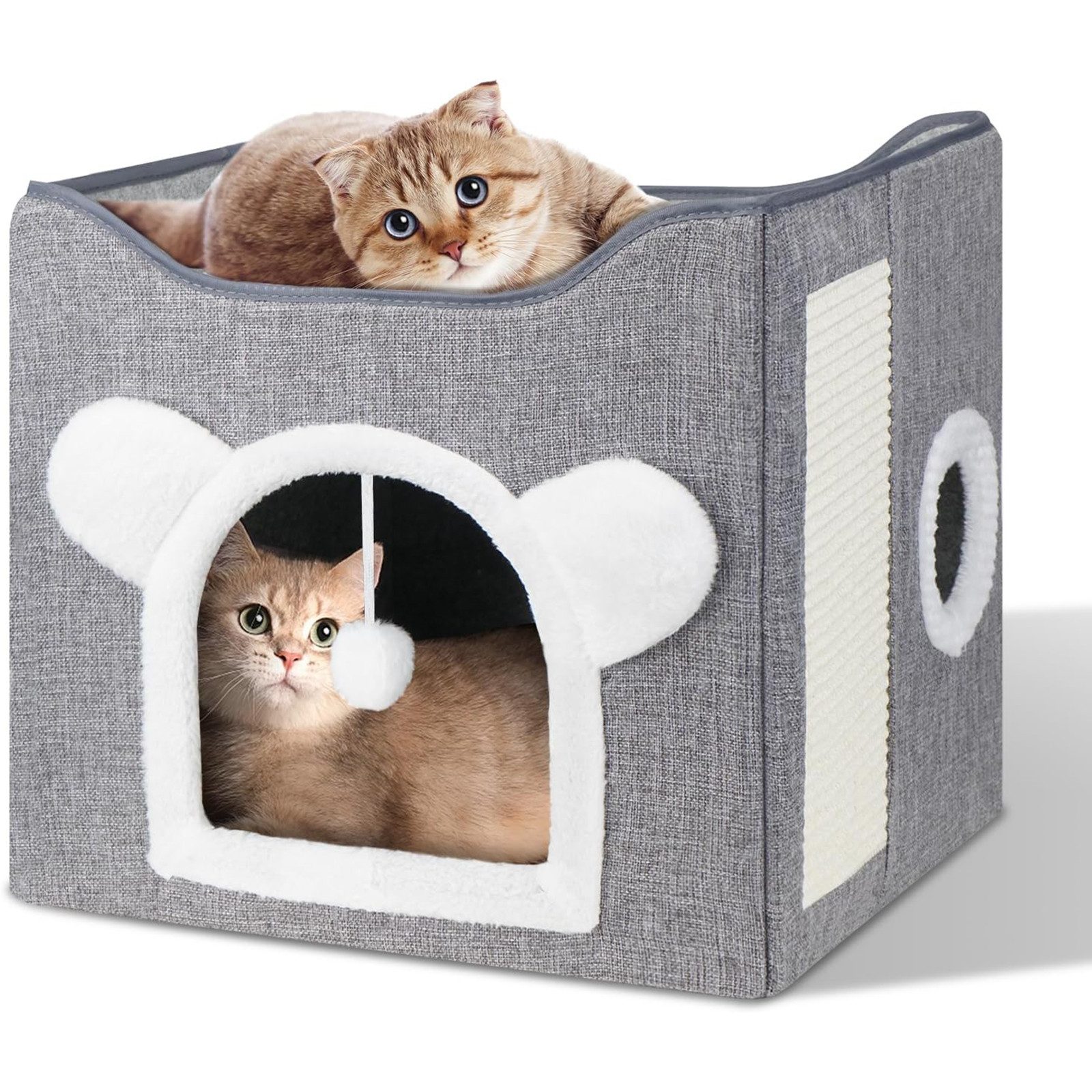 SURFOU Katzenhaus Katzenbett Hundehöhle, faltbares Katzenhaus mit Kratzbrett, 39x39x38cm, Flauschig mit Spielball, für innen/draußen, stabile Katzenhöhle