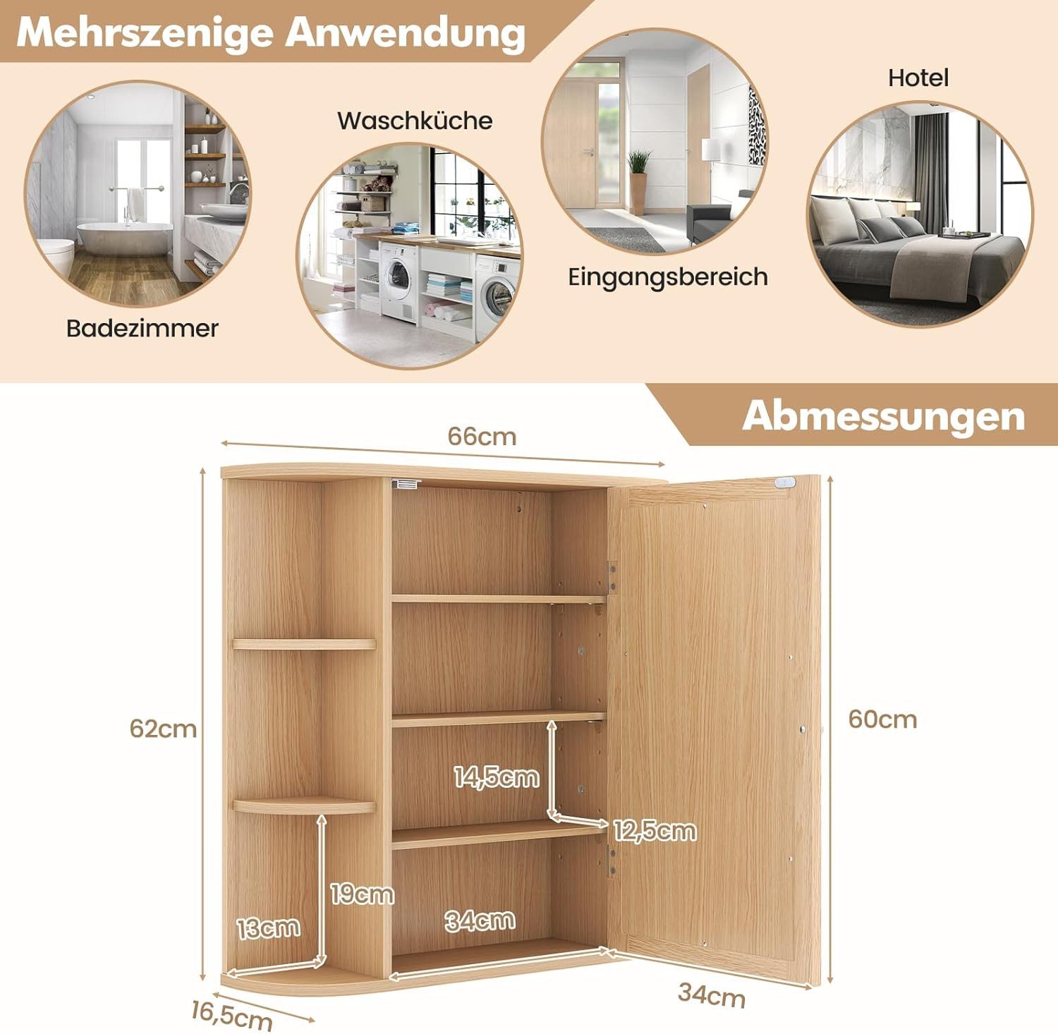 KOMFOTTEU Spiegelschrank Badschrank Hängeschrank Wandschrank mit Ablagen, 66 x 17 x 63 cm – Bild 3 von 5