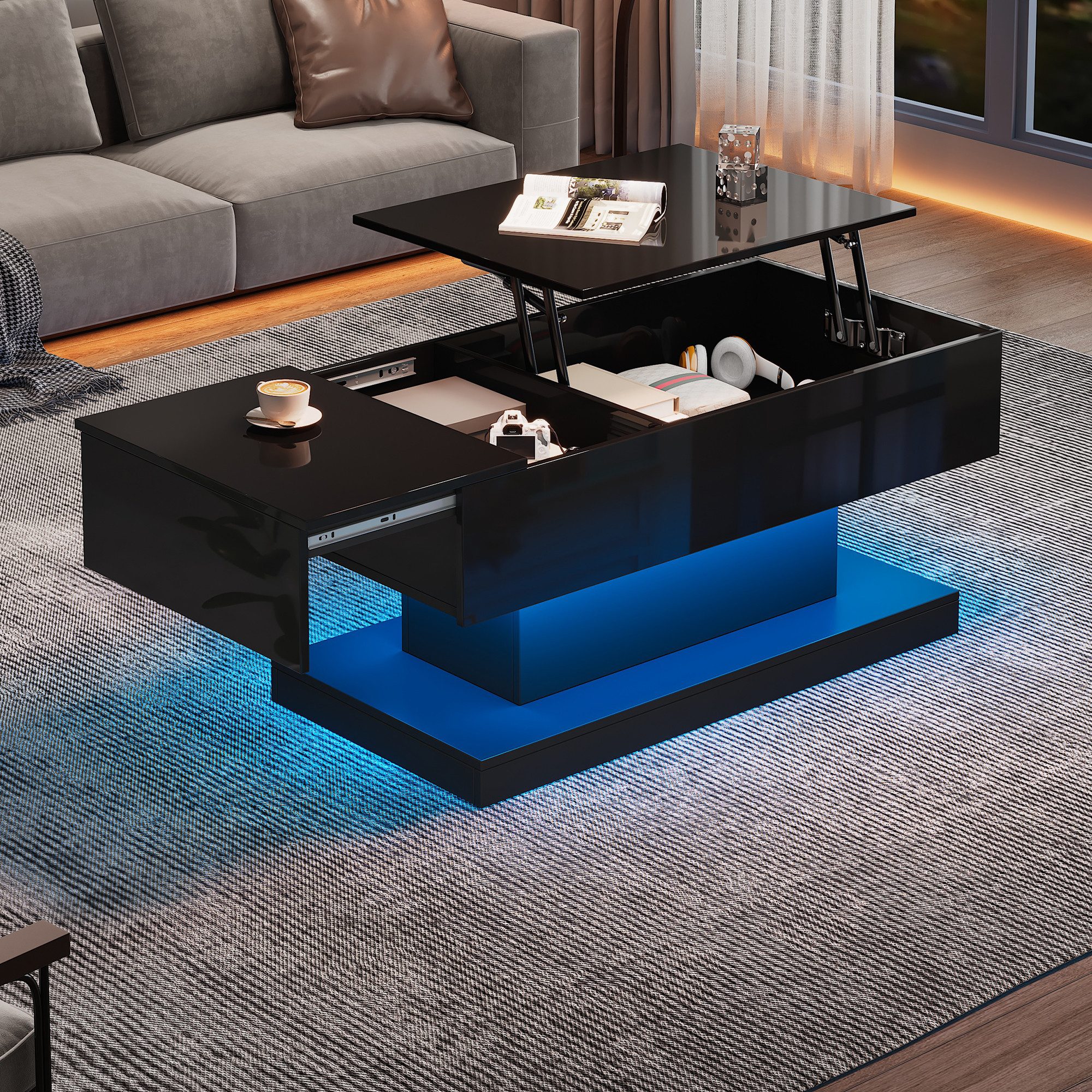 MODFU Couchtisch mit LED-Beleuchtung (Hochglanz-Lift-Teetisch, 1-St., mit LED-Beleuchtung), mit hydraulischer Lift und Stauraum