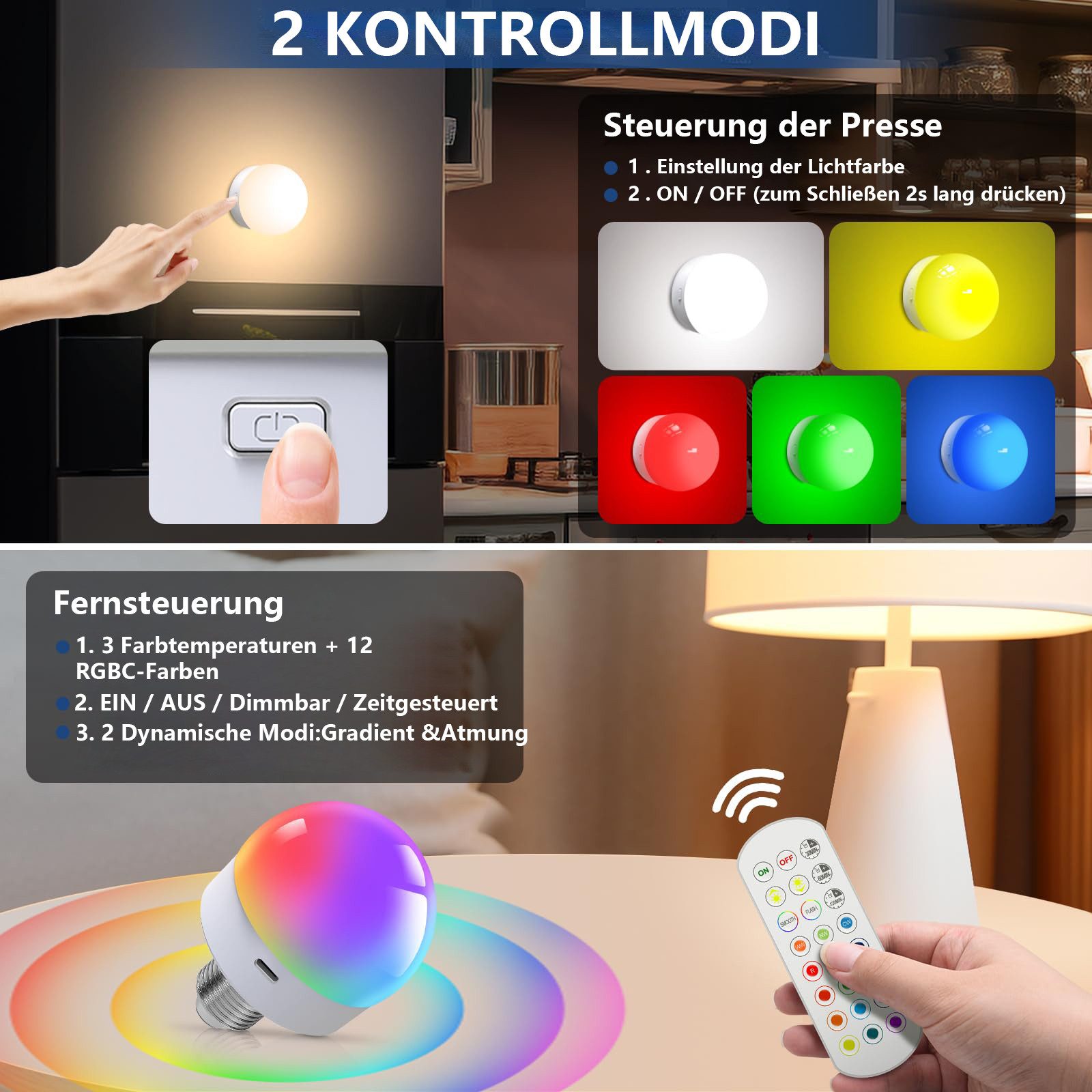 MUPOO LED-Leuchtmittel Glühbirne mit Fernbedienung,4w, E27, E26, 1 St., 15 Farbtemperaturen,USB/Batteriebetriebene,Timer,IP44