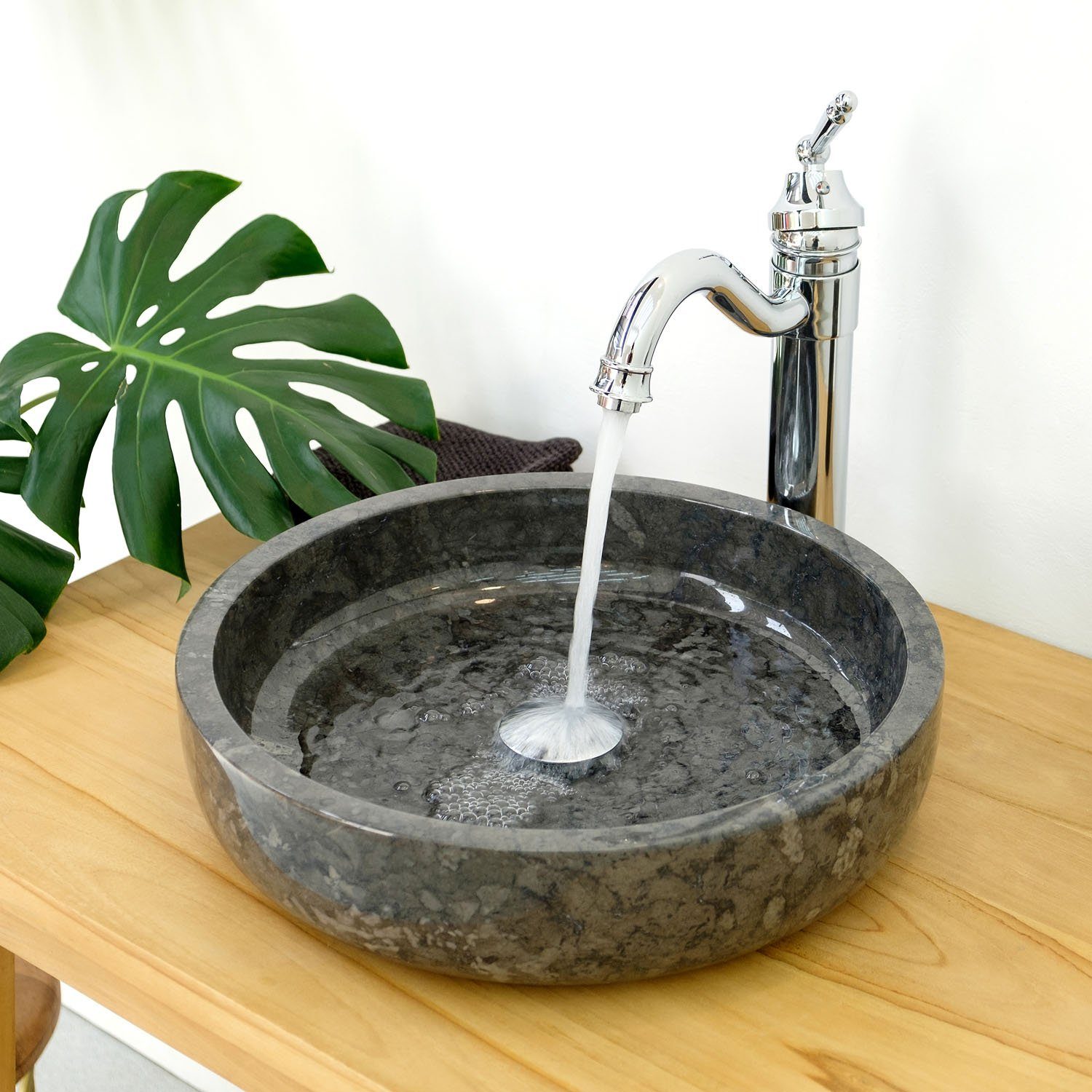 Aufsatzwaschbecken Waschbecken 45 cm rund Handwaschbecken massiv Marmor Schwarz 